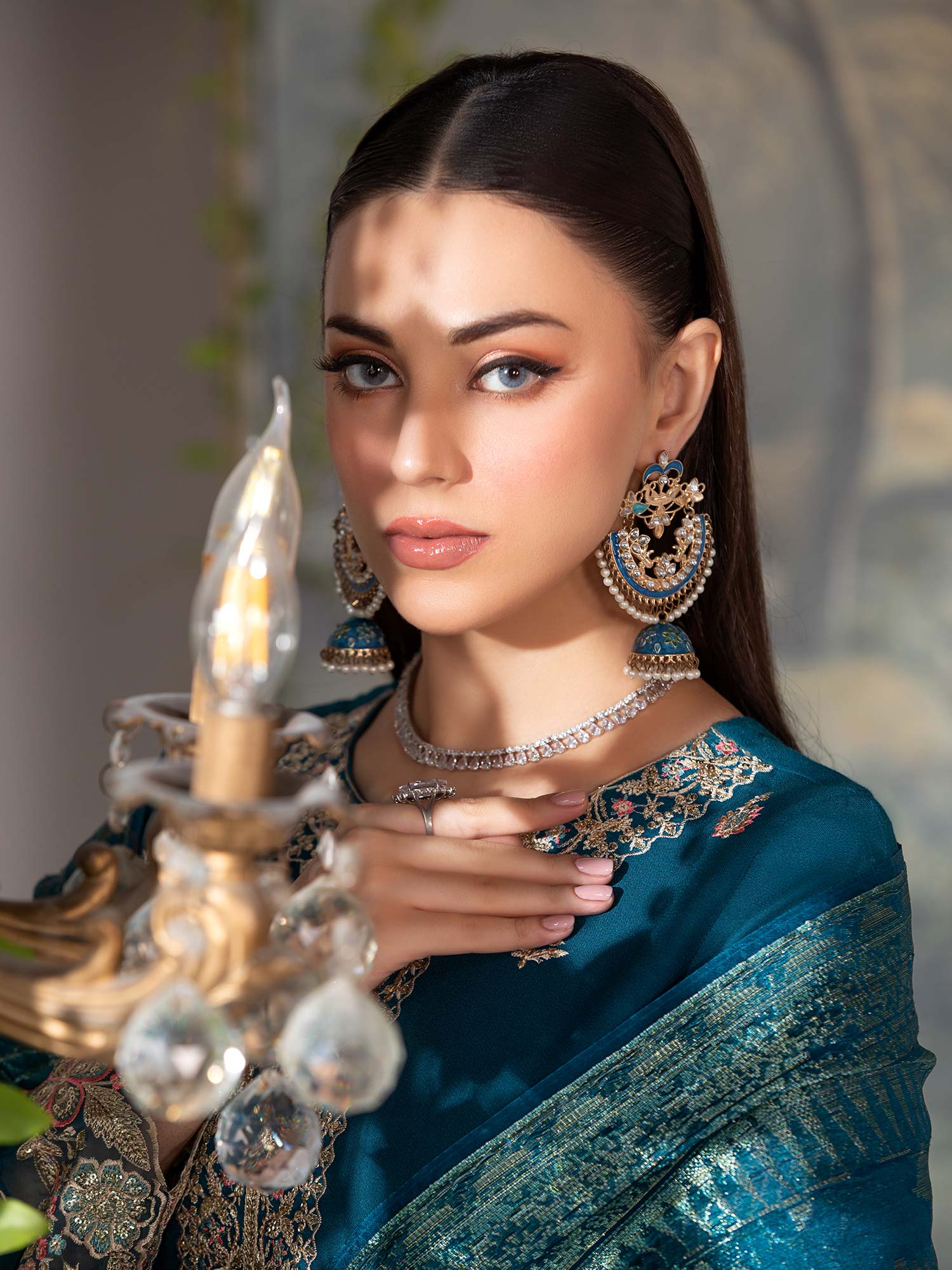 Heera's Teal Embroidered Linen Suit with Jacquard Shawl