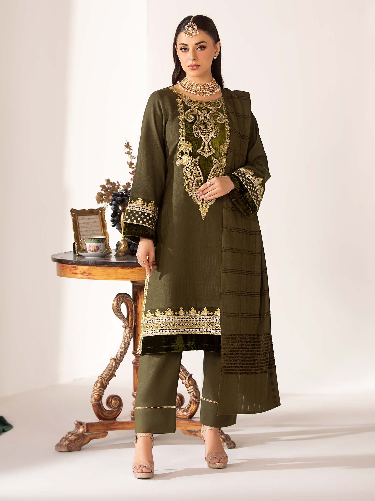 Heera's Olive Linen & Velvet Suit with Pashmina Shawl