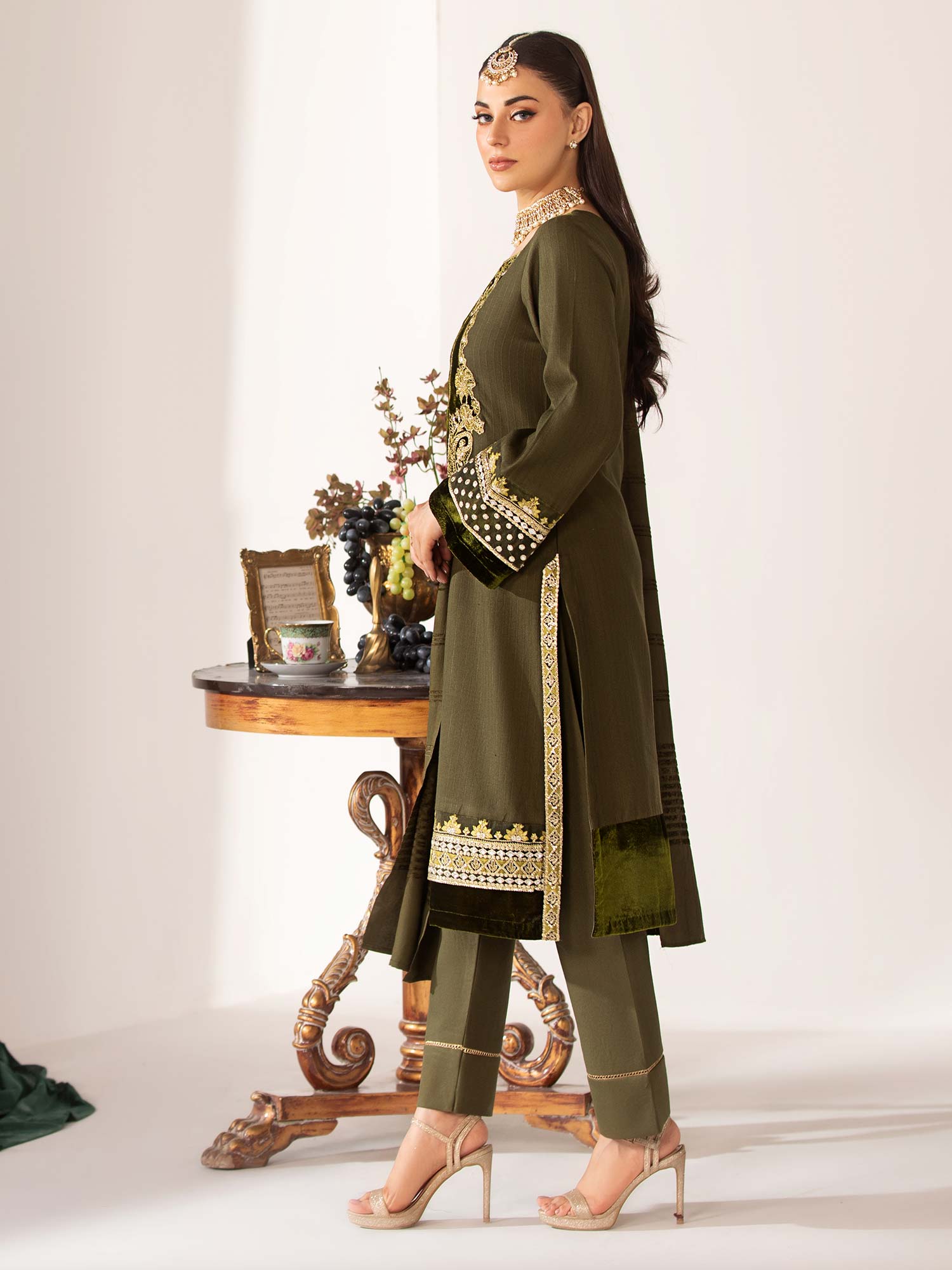 Heera's Olive Linen & Velvet Suit with Pashmina Shawl