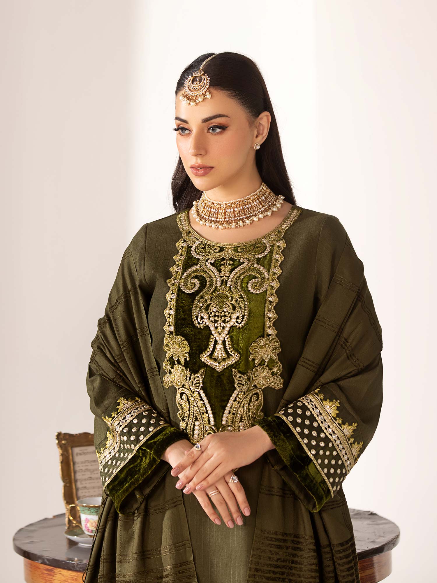 Heera's Olive Linen & Velvet Suit with Pashmina Shawl
