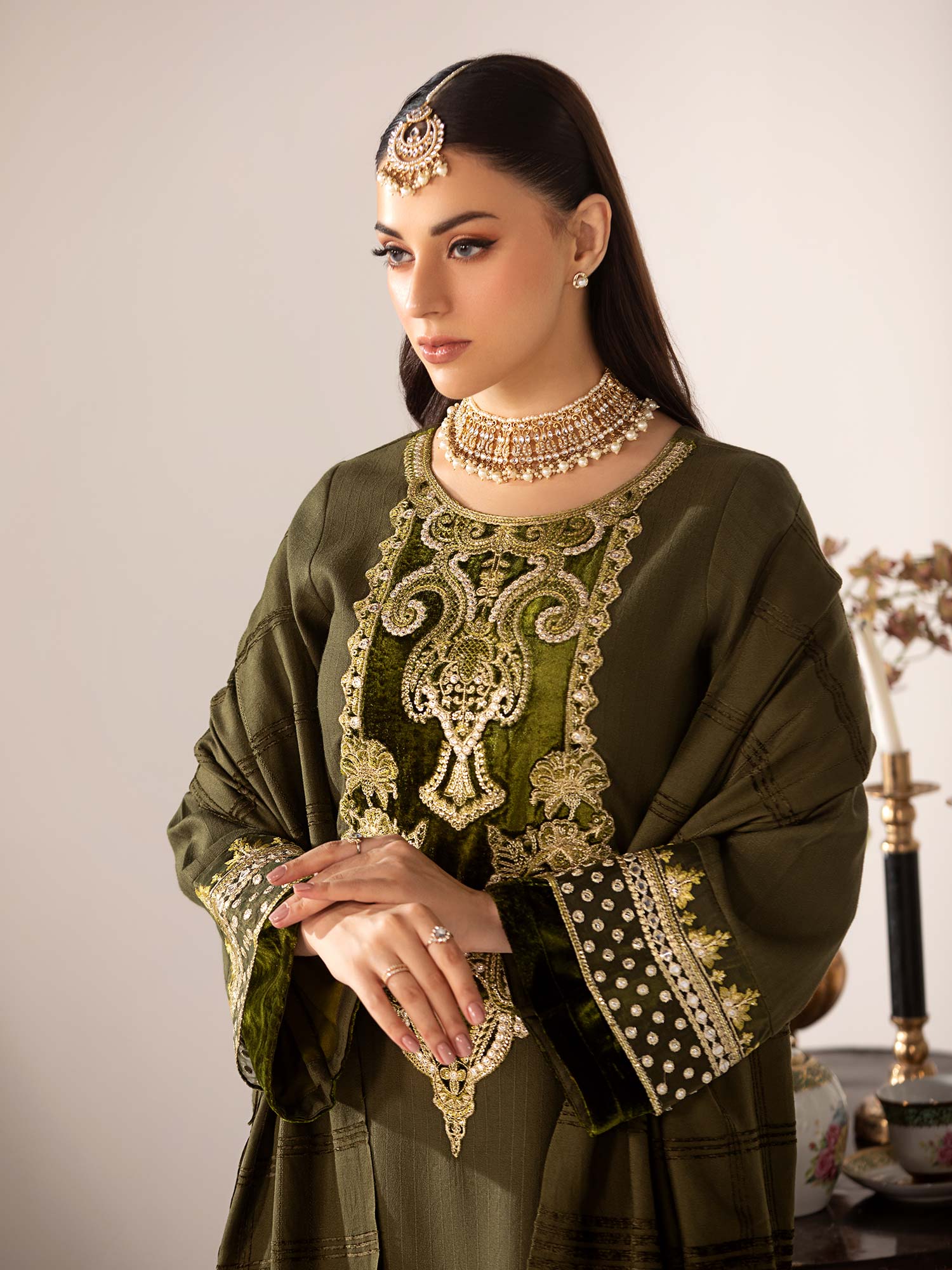 Heera's Olive Linen & Velvet Suit with Pashmina Shawl