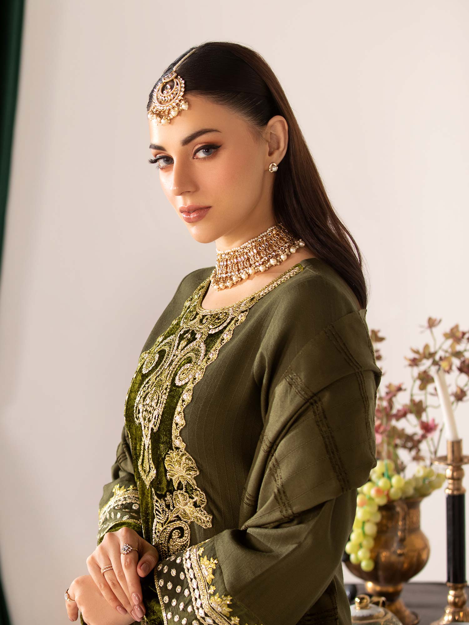 Heera's Olive Linen & Velvet Suit with Pashmina Shawl