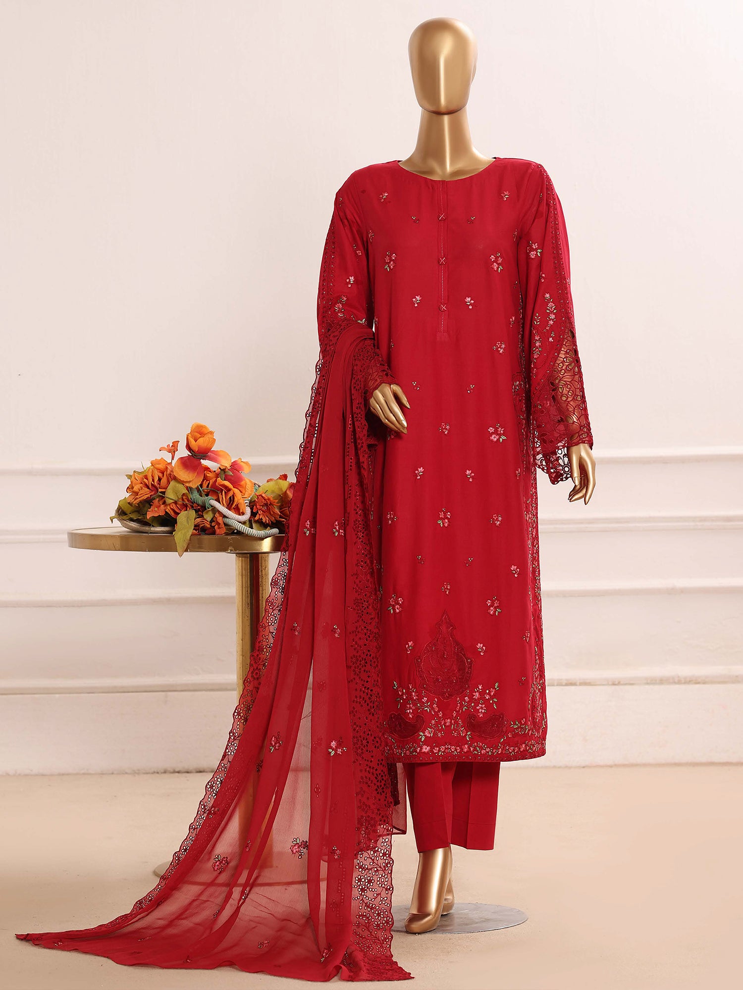 HZ Embroidered Chikankari Lawn 3-Piece Suit - Cherry Red