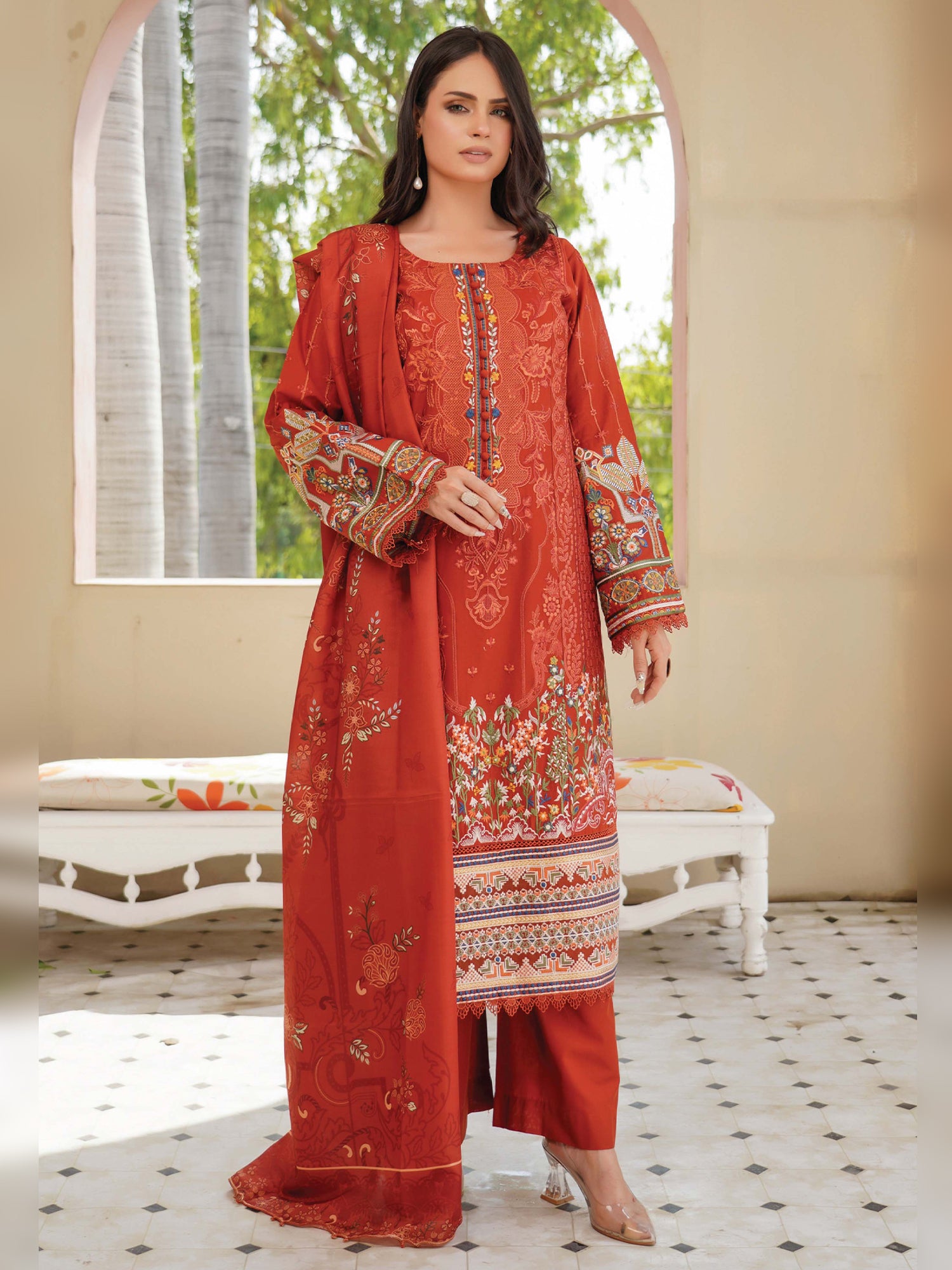 Munira Embroidered Lawn Suit (Vol.49 - D02) - Rust Orange