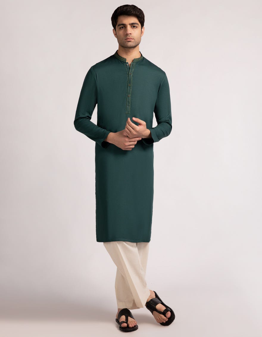 J. Mens Green Blended Casual Kurta Trouser
