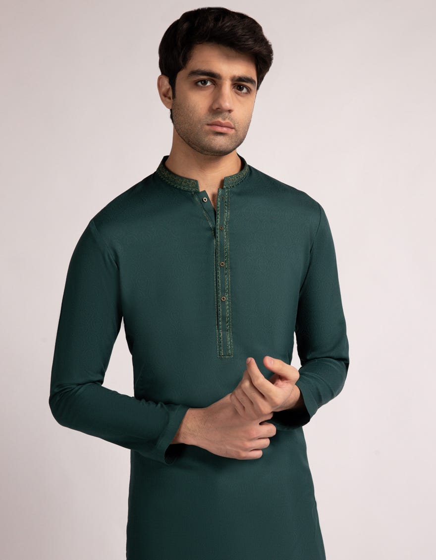 J. Mens Green Blended Casual Kurta Trouser