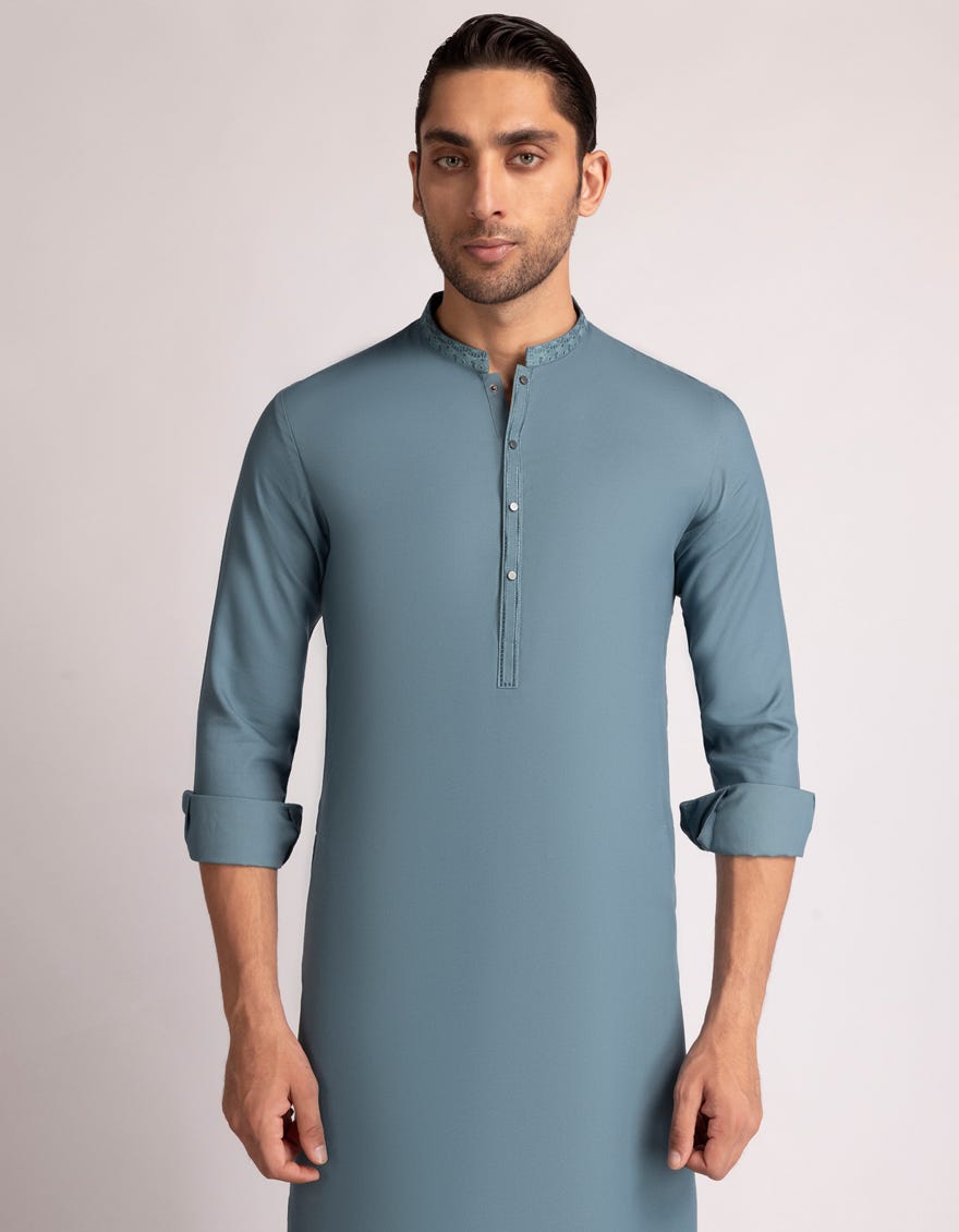 J. Mens Dull Blue Blended Casual Kurta Trouser