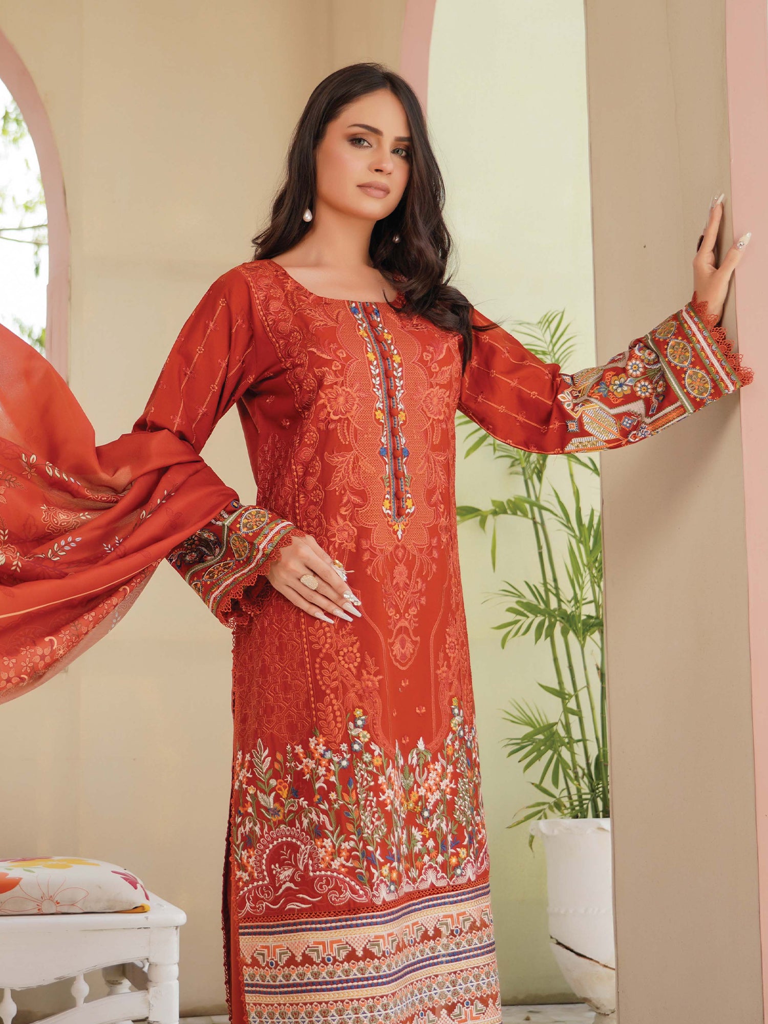Munira Embroidered Lawn Suit (Vol.49 - D02) - Rust Orange