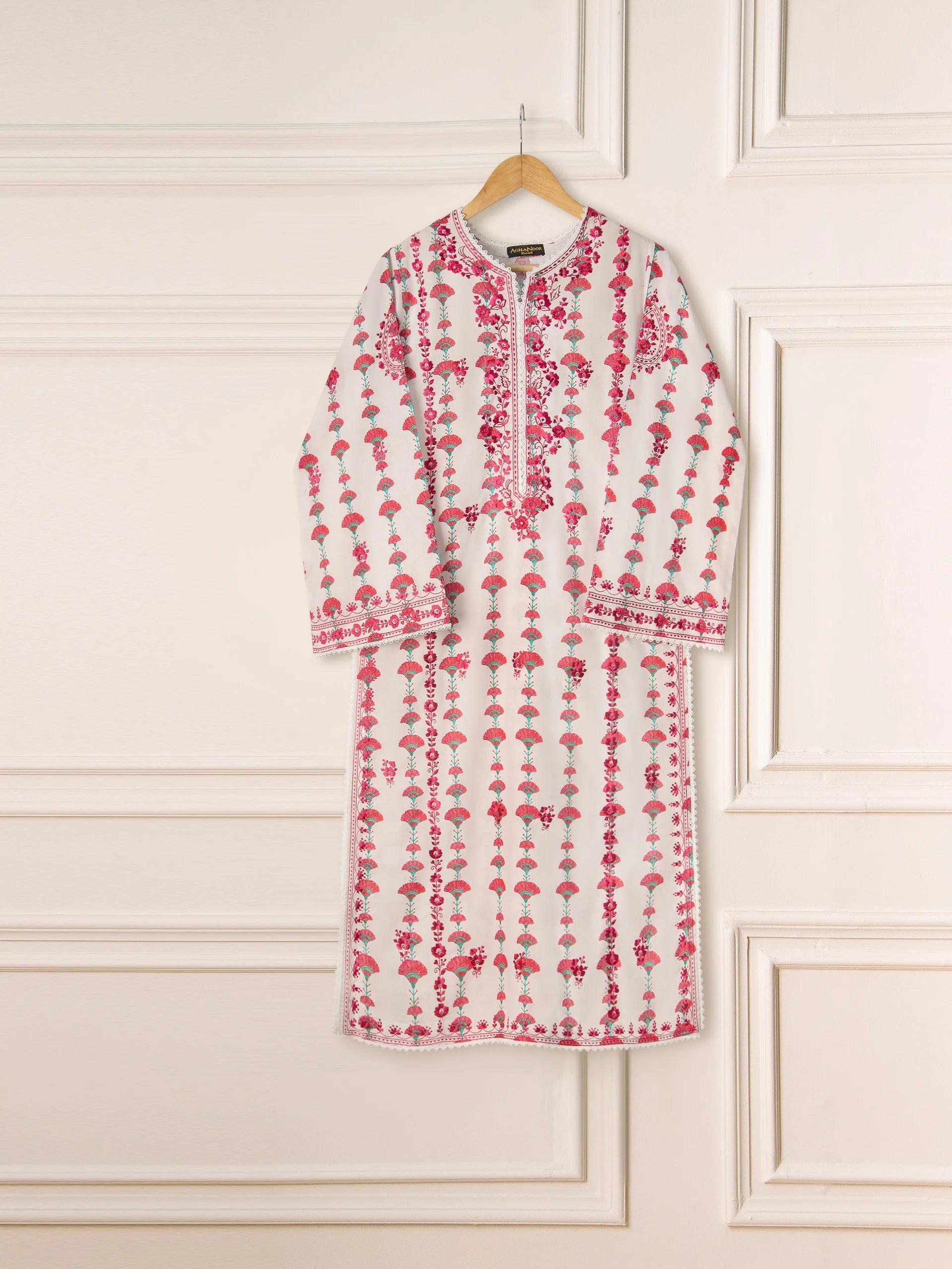 Agha Noor Red & Off-White Cambric 2-Piece (Shirt + Trouser)