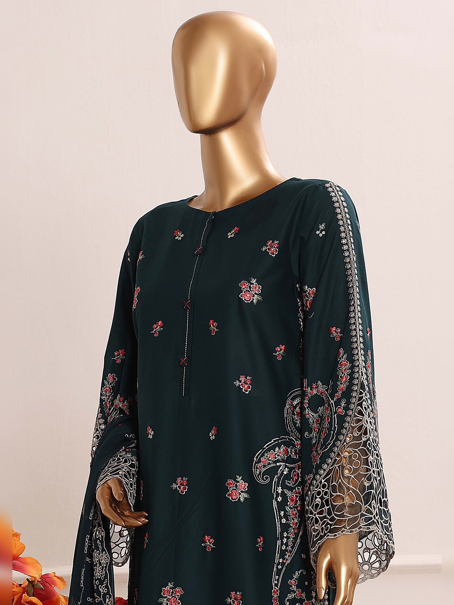 HZ Embroidered Chikankari Lawn 3-Piece Suit - Midnight Green