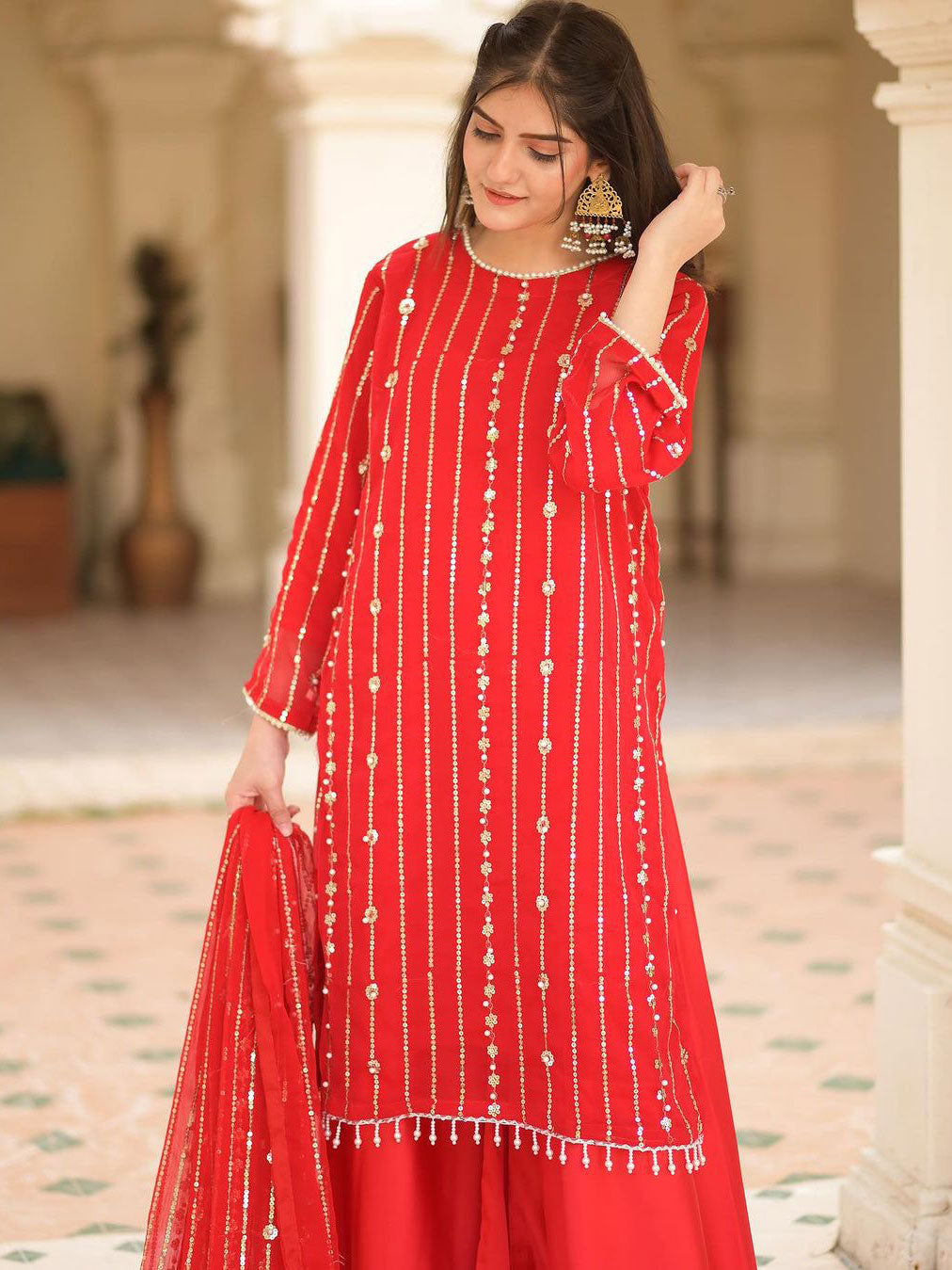 Sequins Chiffon Suit with Silk Palazzo - Red
