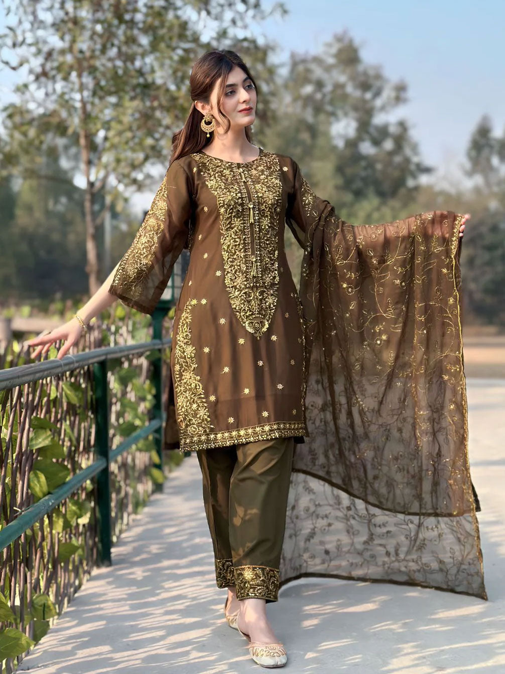 Olive Embroidered Chiffon Suit