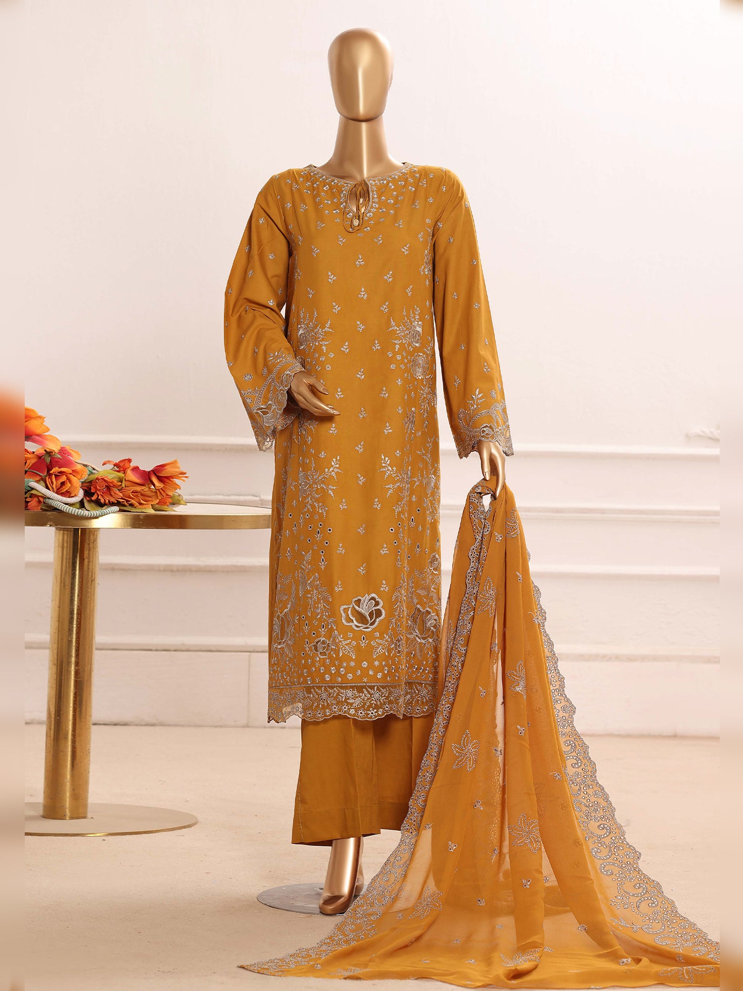 HZ Embroidered Chikankari Lawn 3-Piece Suit - Mustard