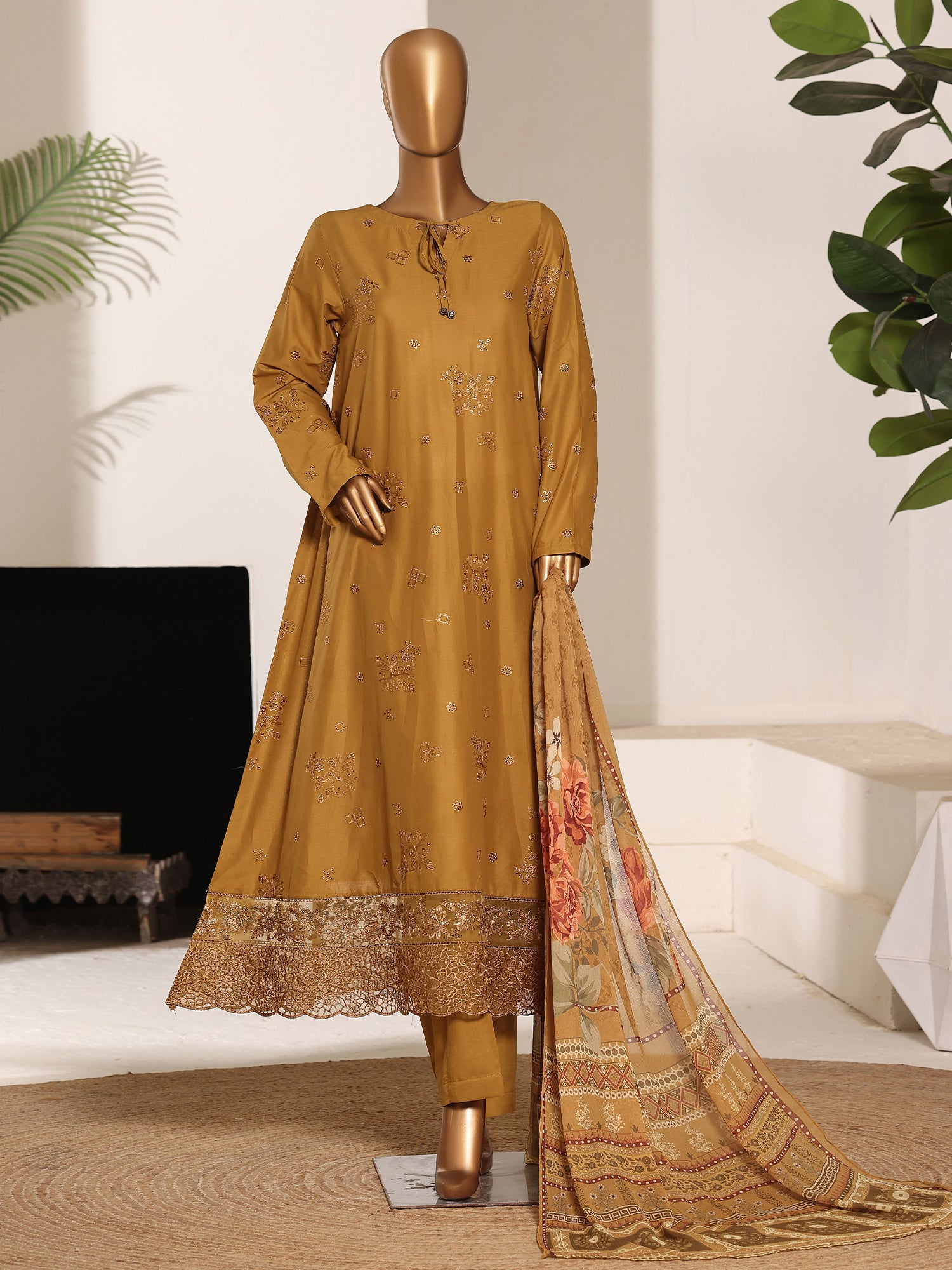 HZ Embroidered Lawn Frock 3-Piece Suit - Honey Mustard