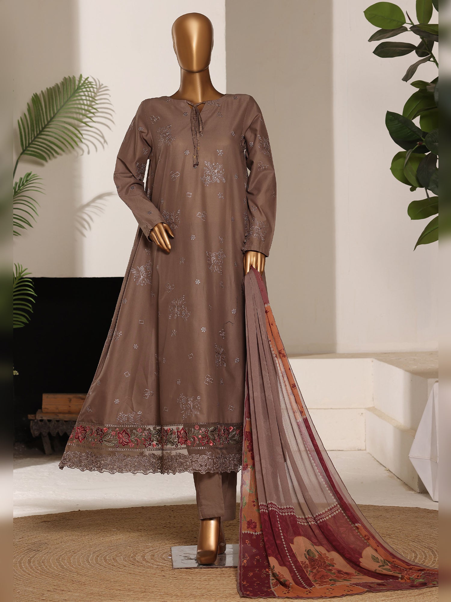 HZ Embroidered Lawn Frock 3-Piece Suit - Coffee Beige