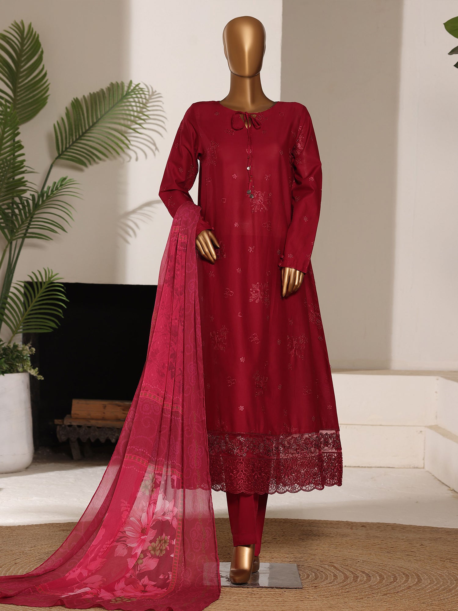 HZ Embroidered Lawn Frock 3-Piece Suit - Magenta Pink