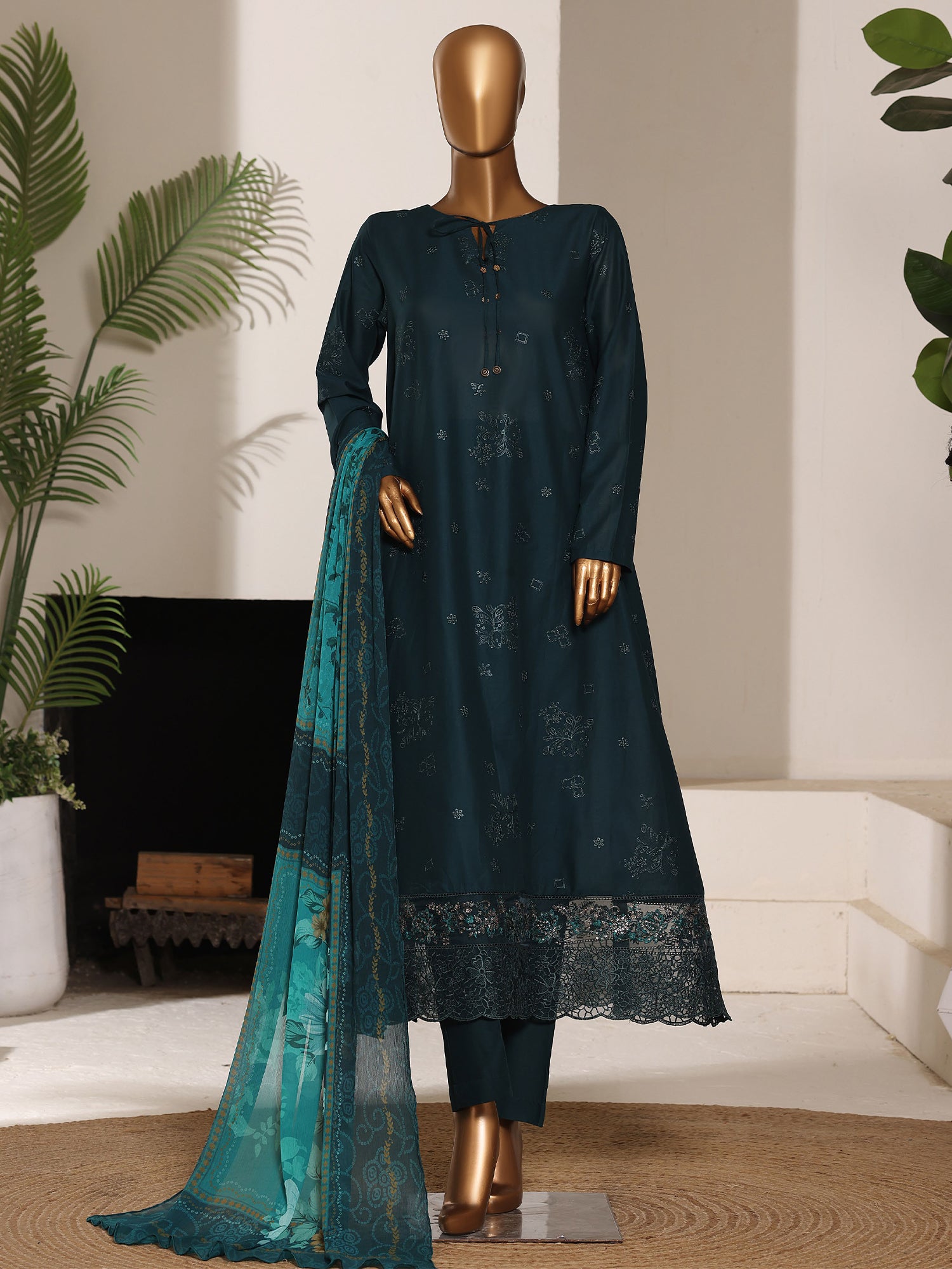 HZ Embroidered Lawn Frock 3-Piece Suit - Midnight Teal