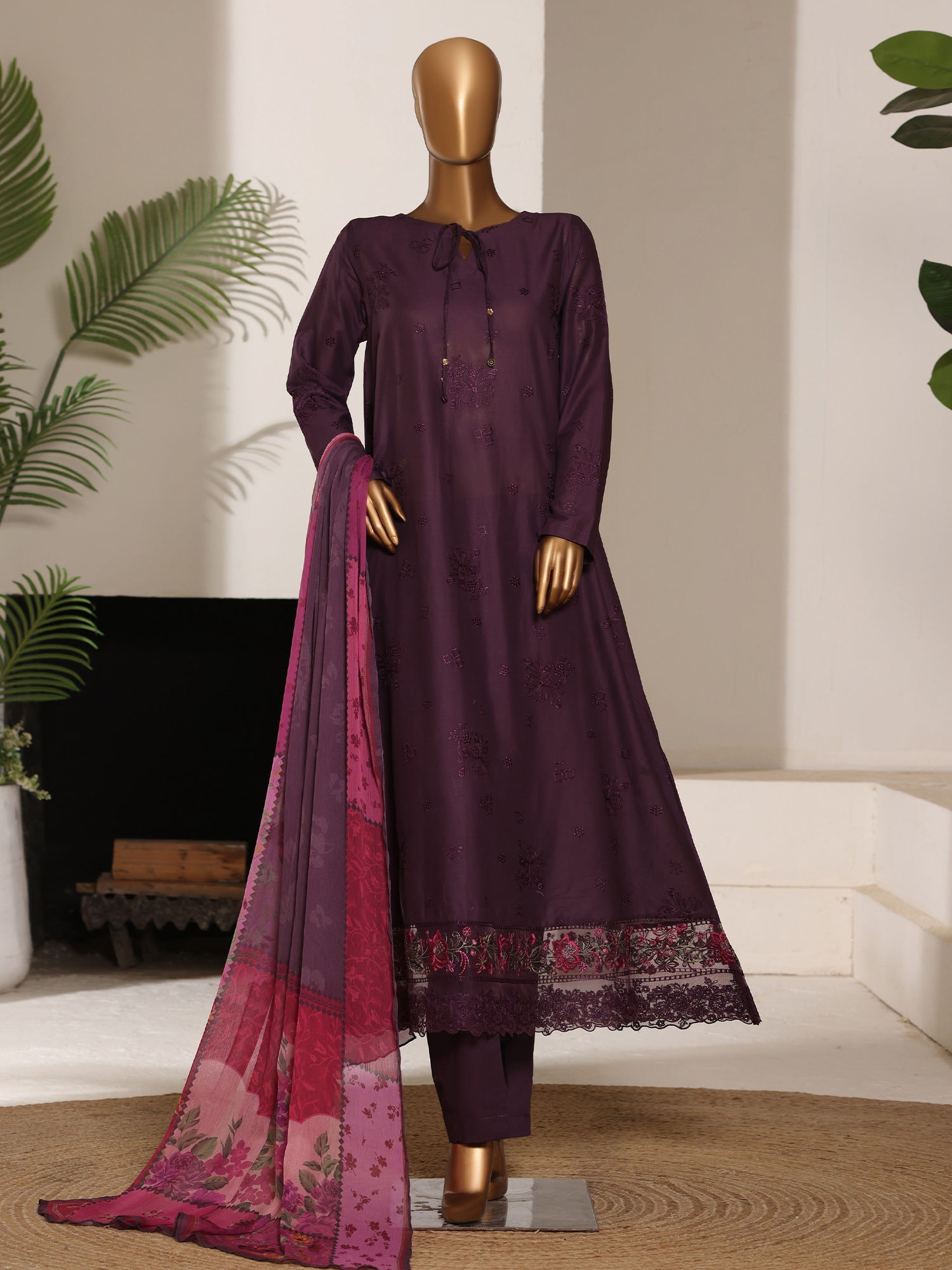 HZ Embroidered Lawn Frock 3-Piece Suit - Belgium Purple