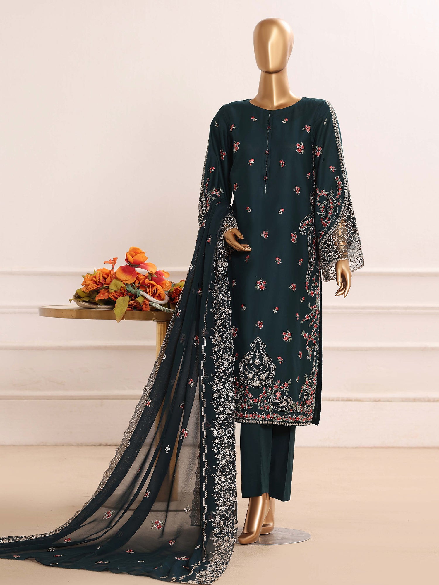HZ Embroidered Chikankari Lawn 3-Piece Suit - Midnight Green