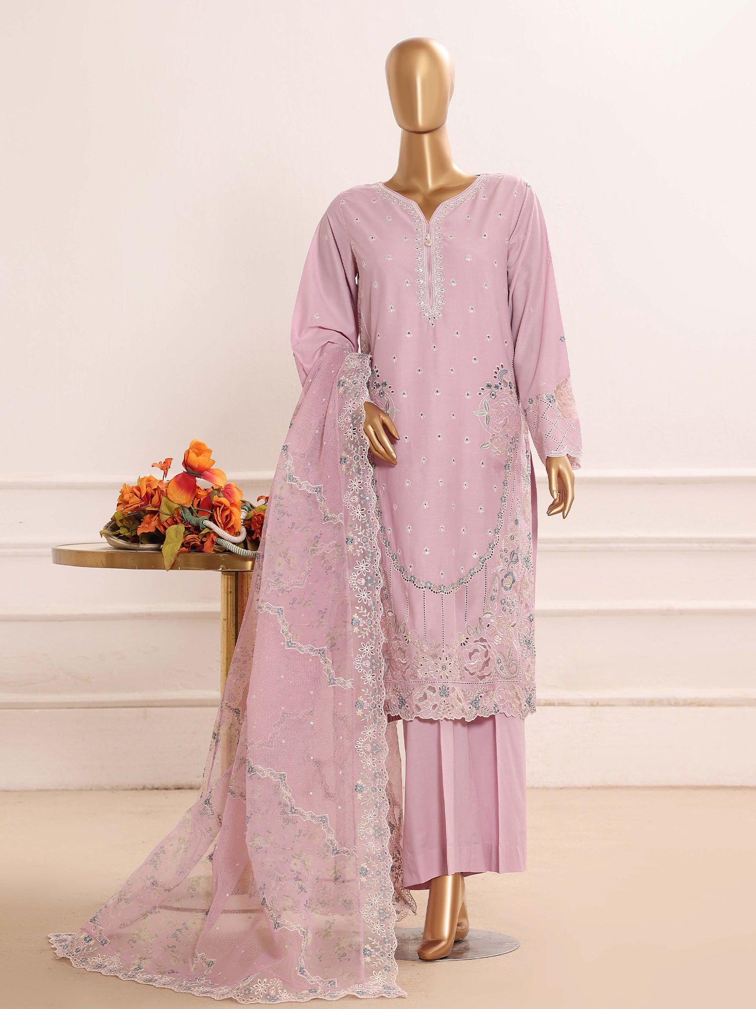 HZ Embroidered Chikankari Lawn 3-Piece Suit - Tulip Pink