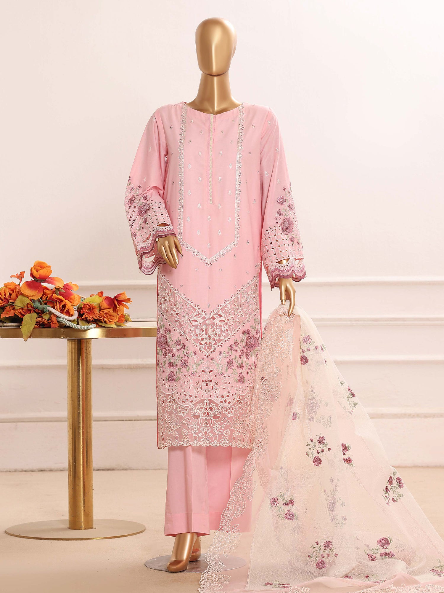 HZ Embroidered Chikankari Lawn 3-Piece Suit - Rose Myth