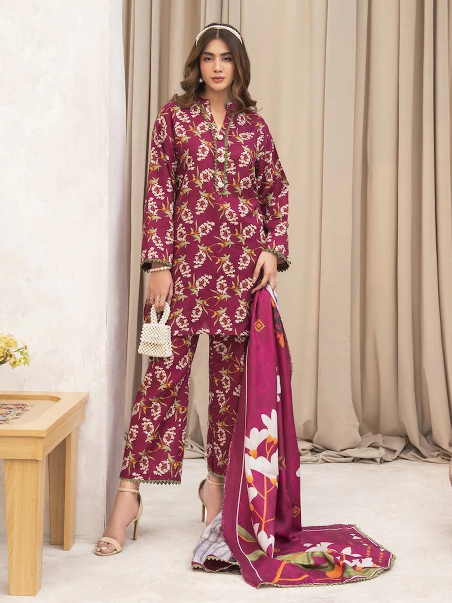 Ally's "Forbidden Flowers" Khaddar 3-Piece Suit - Dark Fuchsia