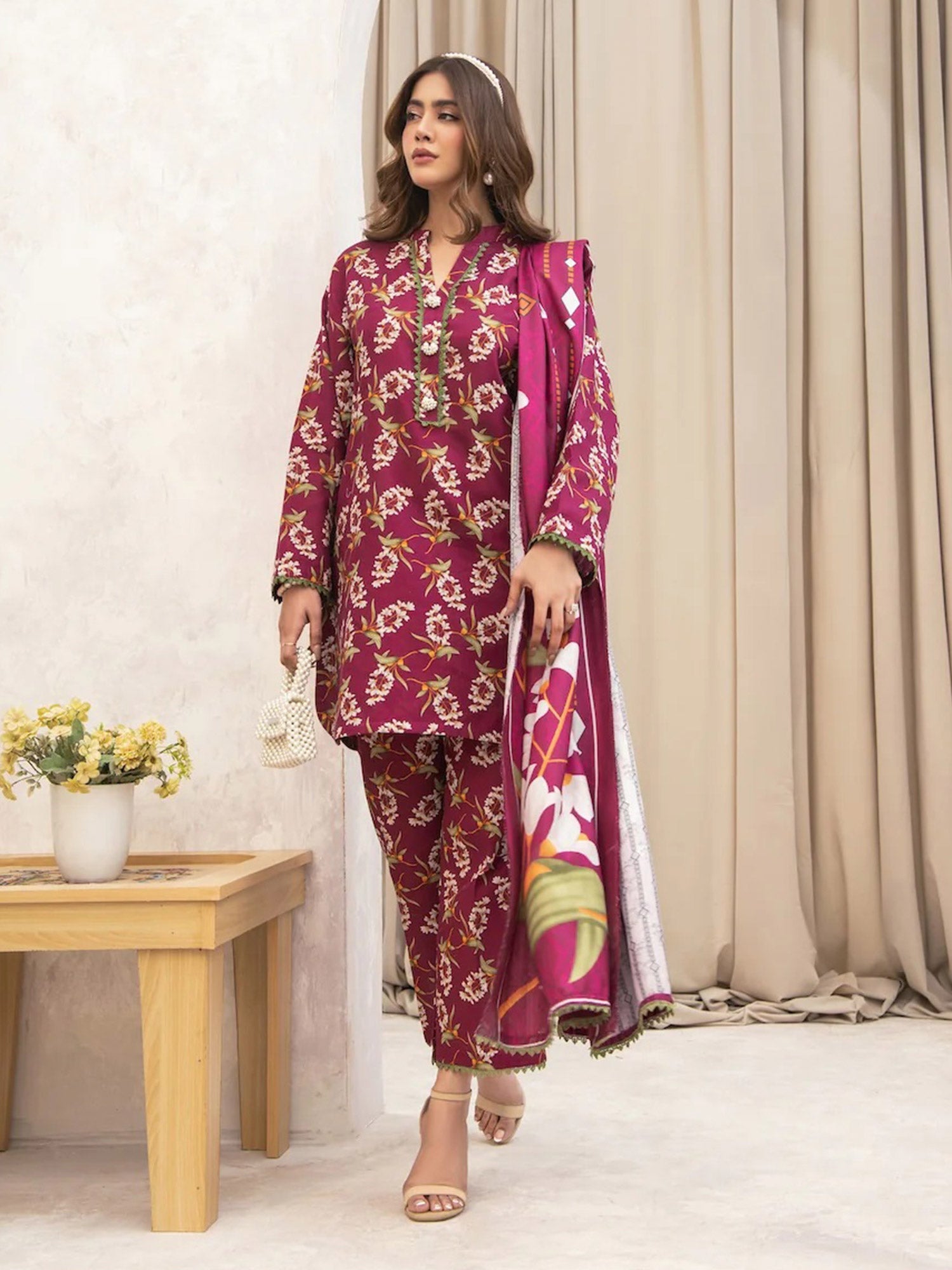 Ally's "Forbidden Flowers" Khaddar 3-Piece Suit - Dark Fuchsia