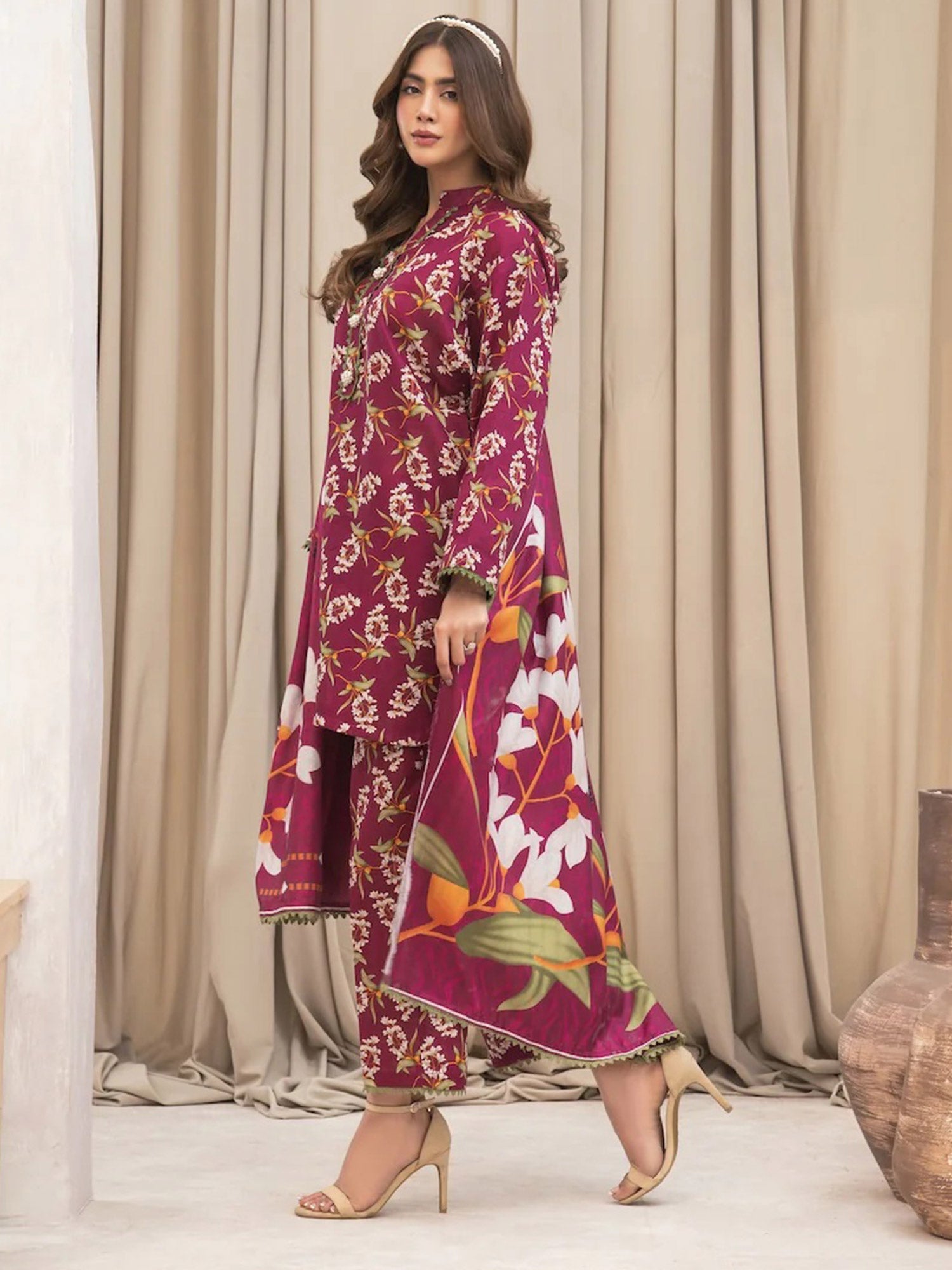 Ally's "Forbidden Flowers" Khaddar 3-Piece Suit - Dark Fuchsia