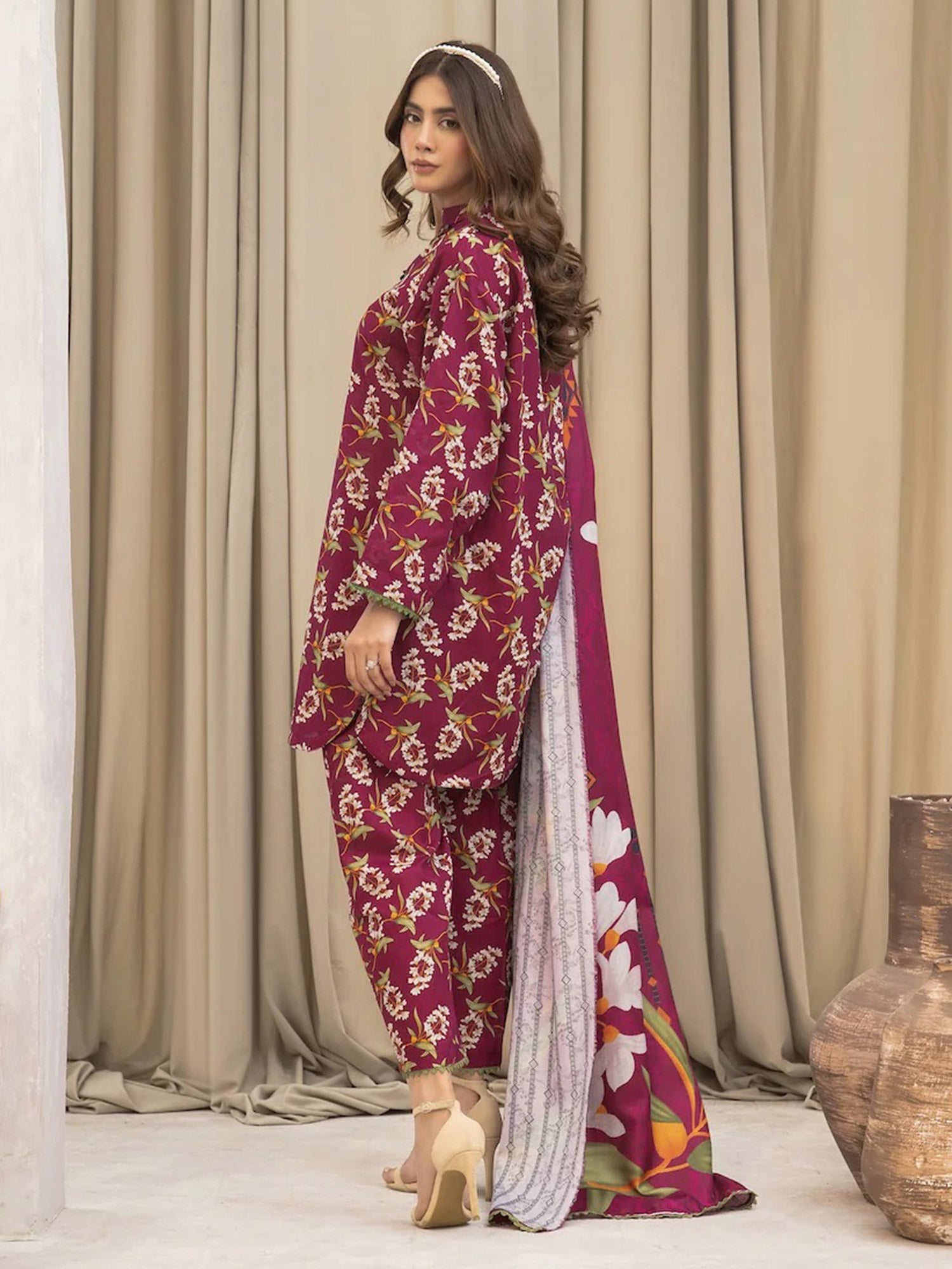 Ally's "Forbidden Flowers" Khaddar 3-Piece Suit - Dark Fuchsia
