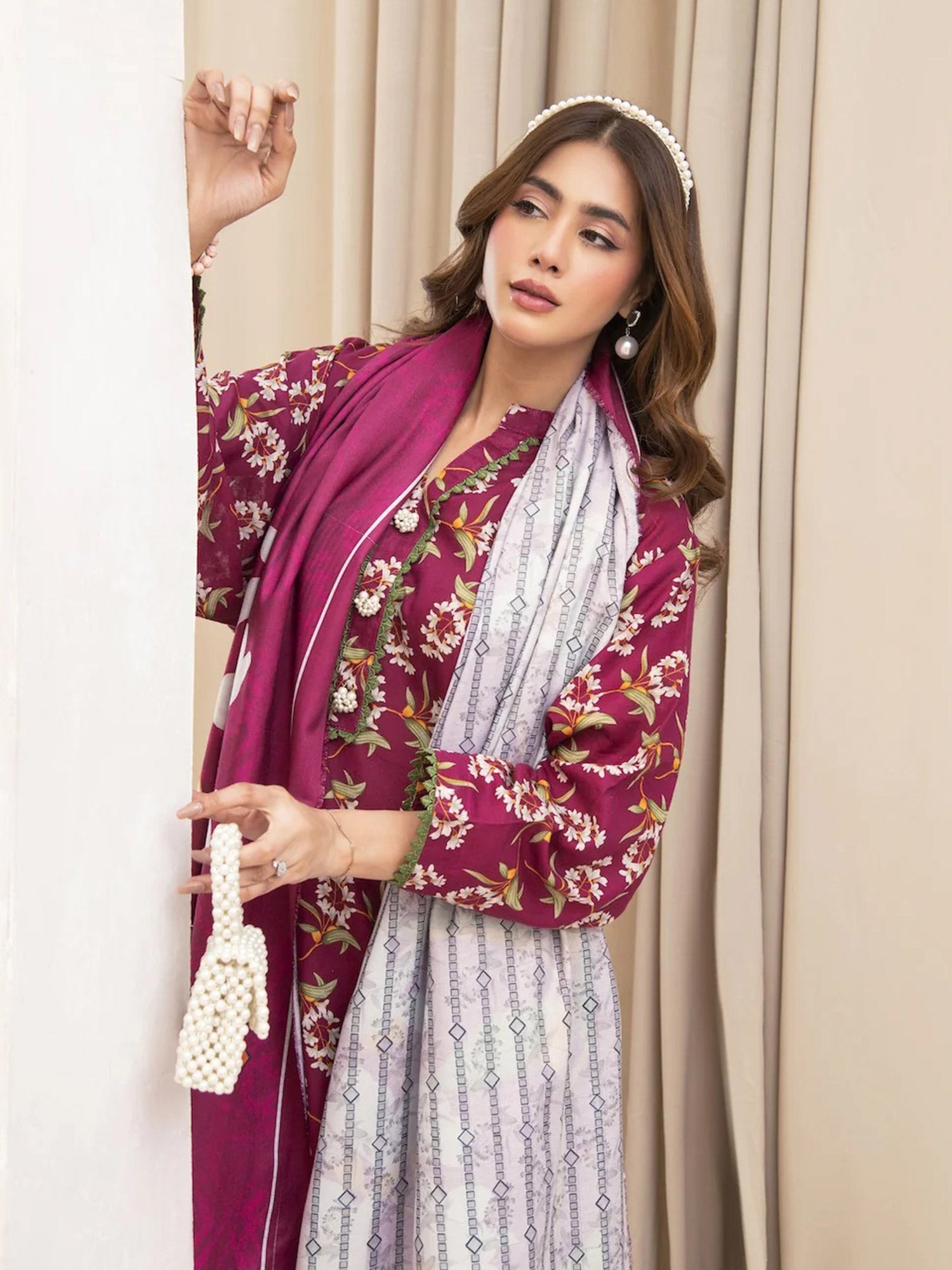 Ally's "Forbidden Flowers" Khaddar 3-Piece Suit - Dark Fuchsia