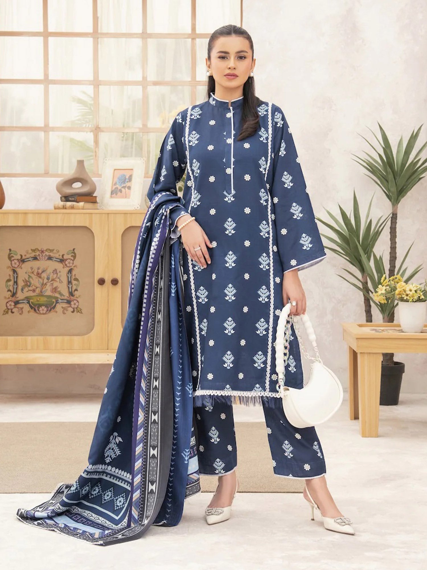 Ally's "Forbidden Flowers" Khaddar 3-Piece Suit - Blue