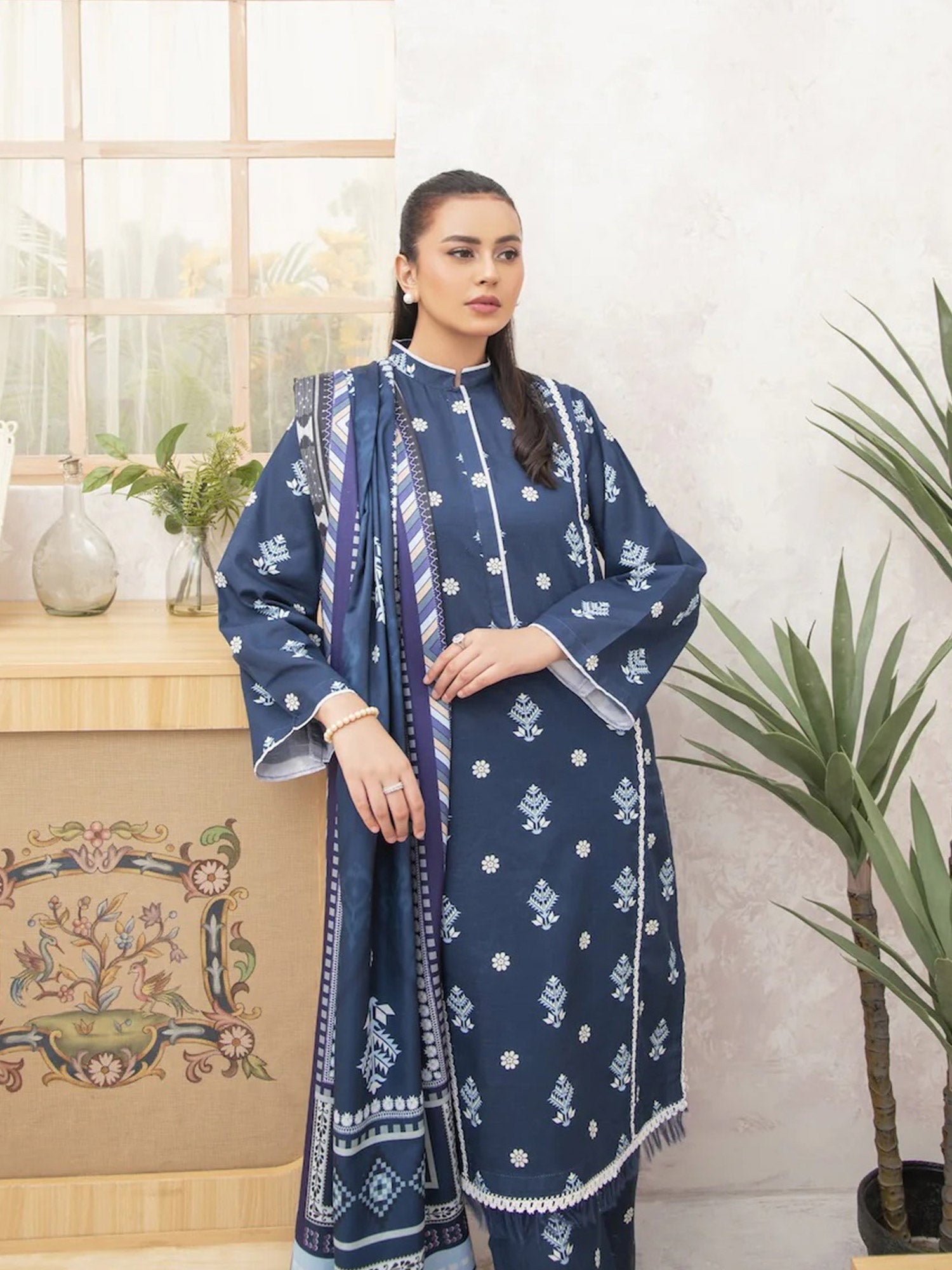 Ally's "Forbidden Flowers" Khaddar 3-Piece Suit - Blue