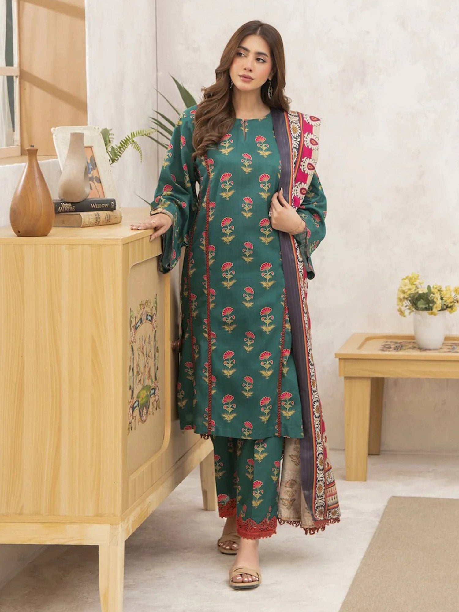 Ally's "Forbidden Flowers" Khaddar 3-Piece Suit - Green