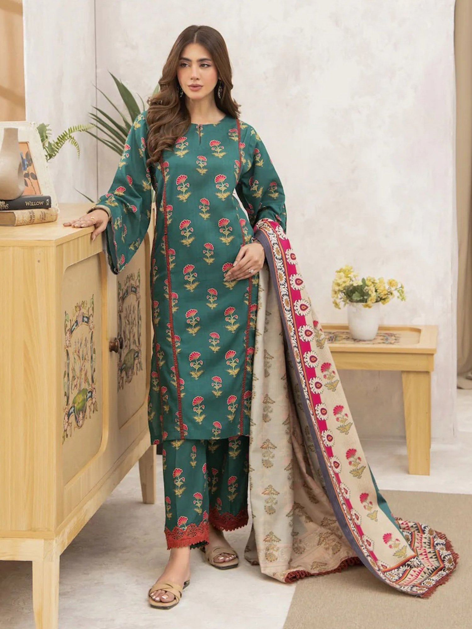 Ally's "Forbidden Flowers" Khaddar 3-Piece Suit - Green
