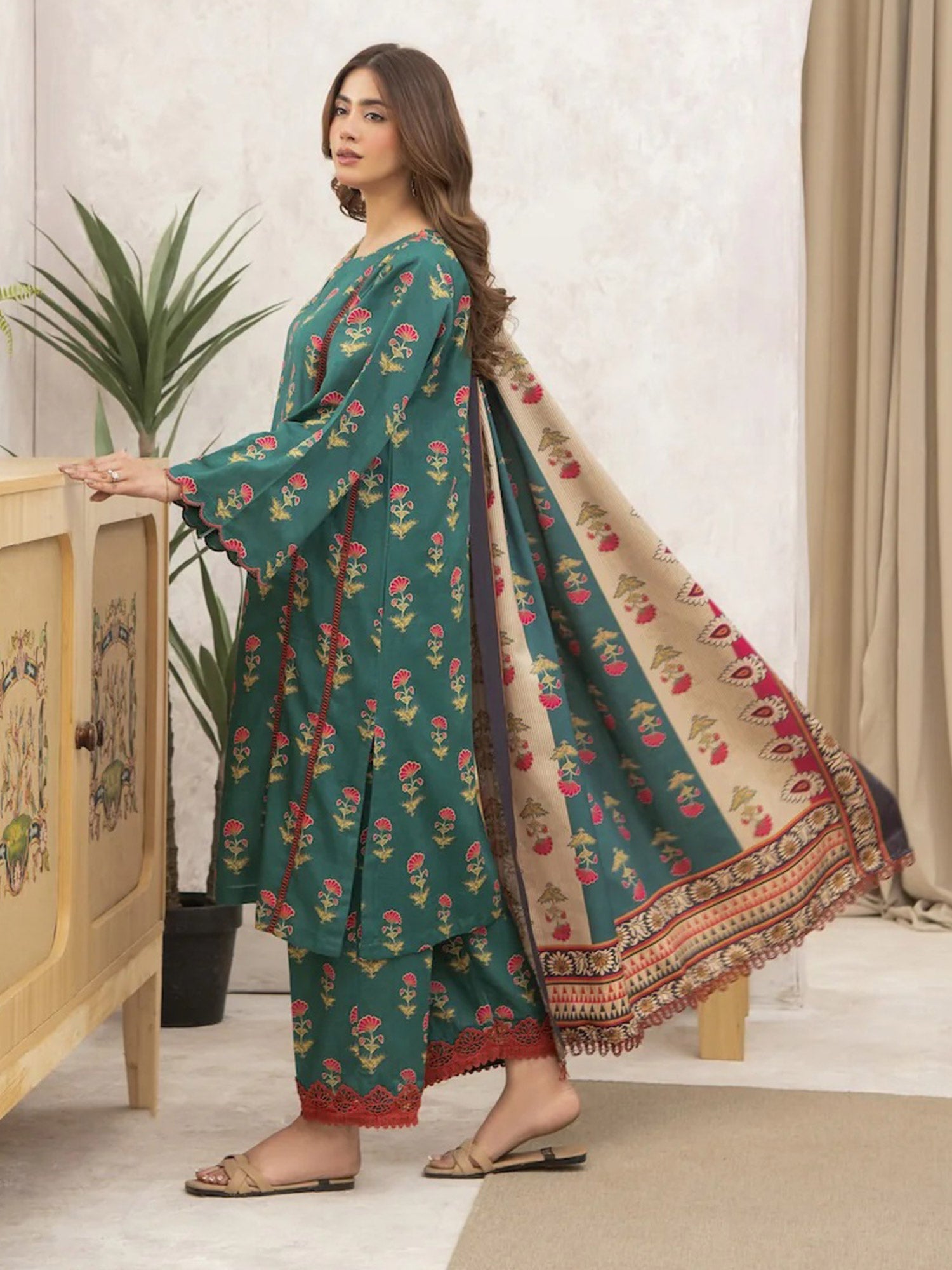 Ally's "Forbidden Flowers" Khaddar 3-Piece Suit - Green