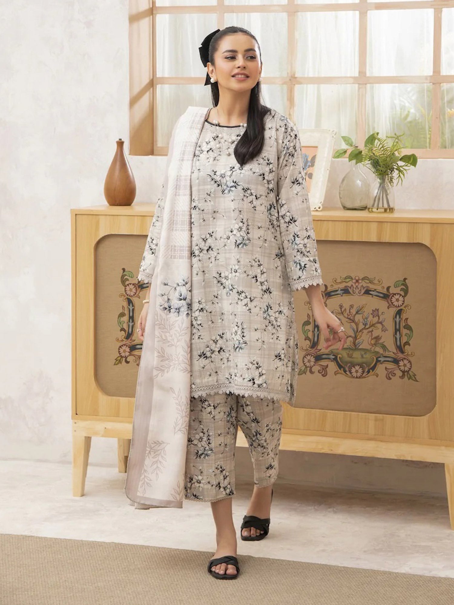 Ally's "Forbidden Flowers" Khaddar 3-Piece Suit - Light Beige
