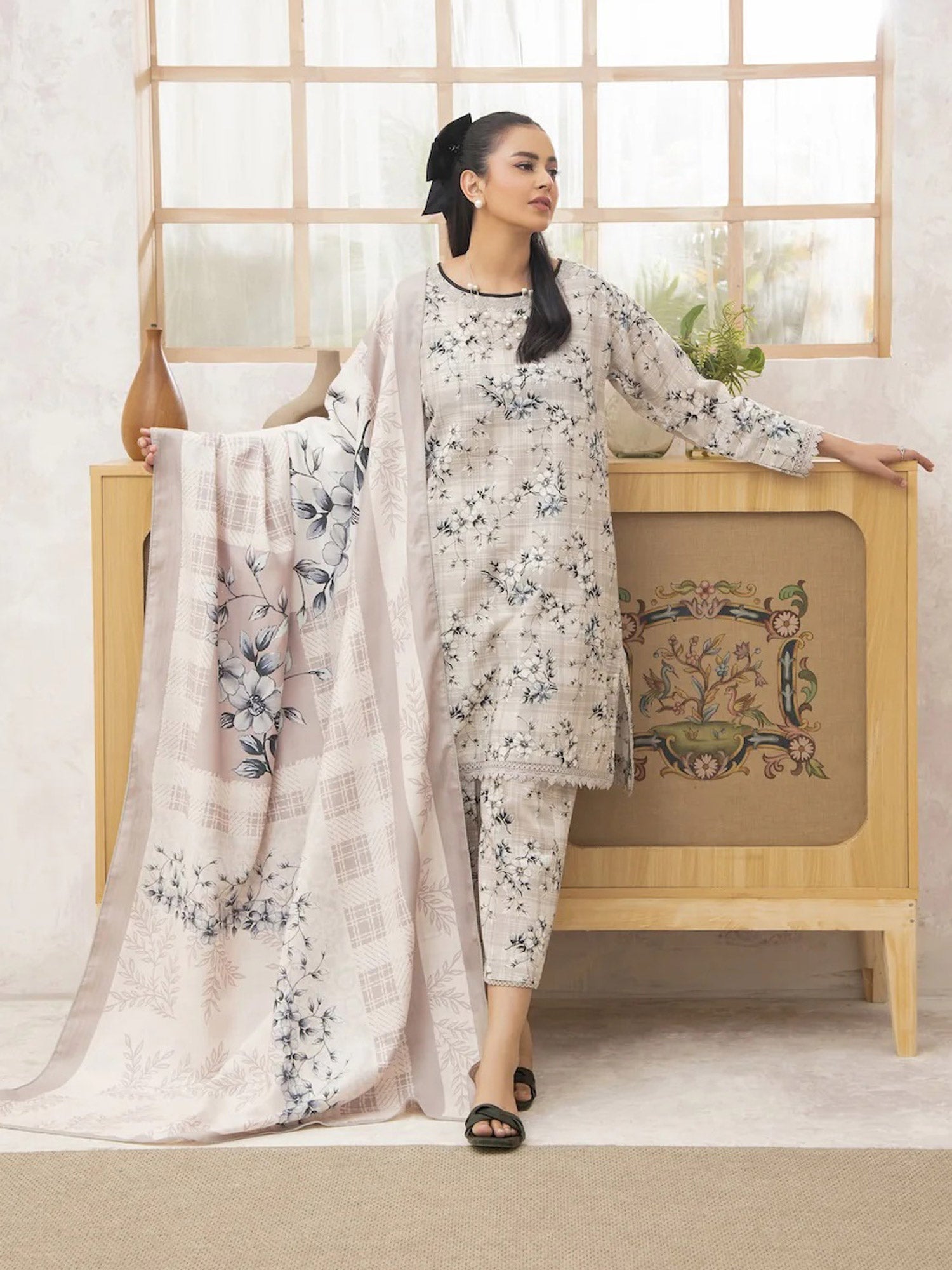 Ally's "Forbidden Flowers" Khaddar 3-Piece Suit - Light Beige