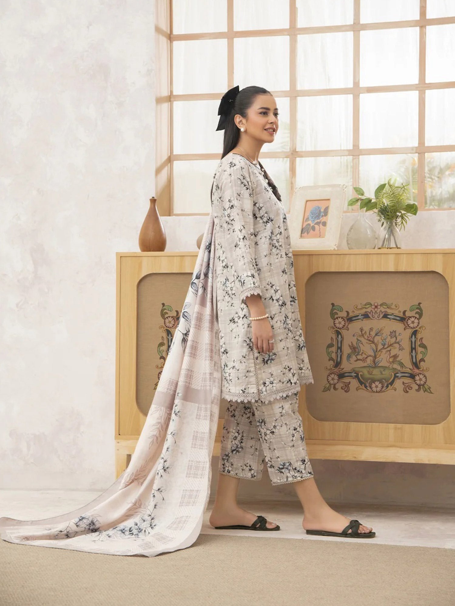 Ally's "Forbidden Flowers" Khaddar 3-Piece Suit - Light Beige