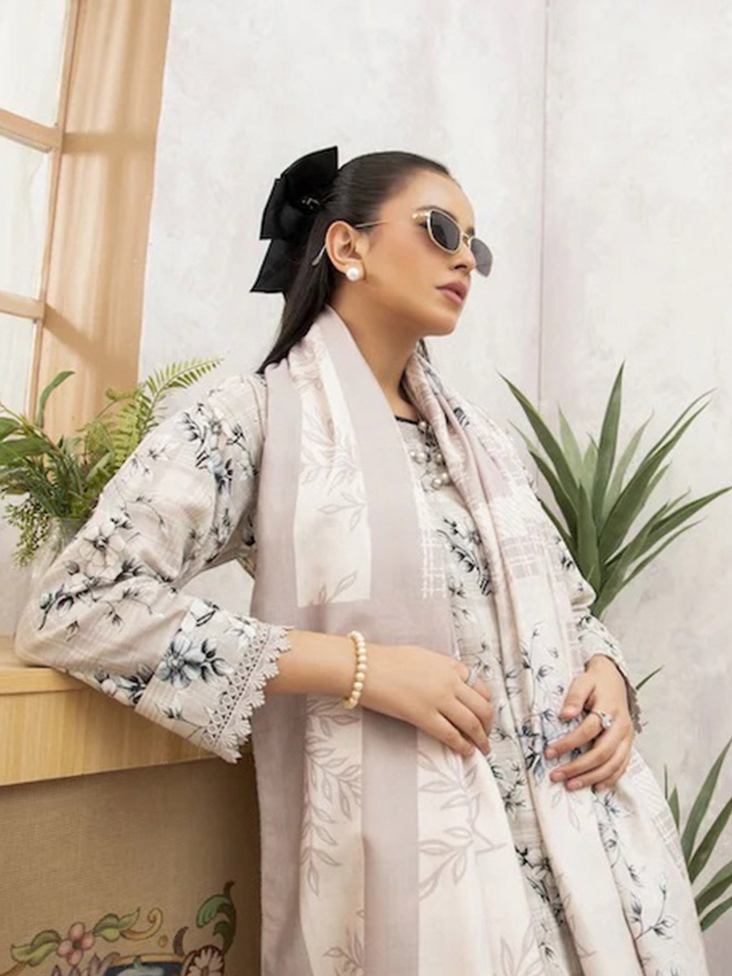 Ally's "Forbidden Flowers" Khaddar 3-Piece Suit - Light Beige