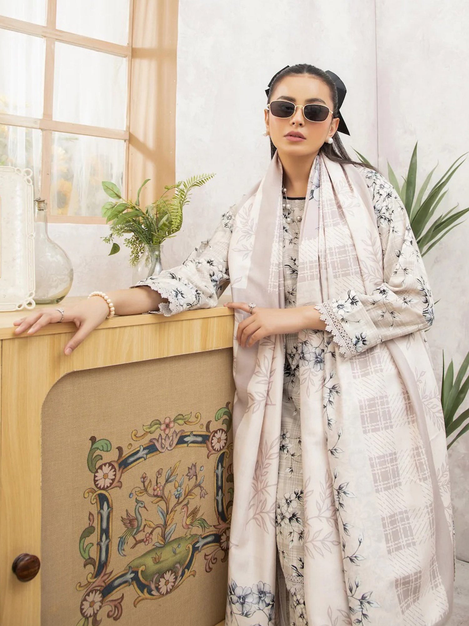 Ally's "Forbidden Flowers" Khaddar 3-Piece Suit - Light Beige
