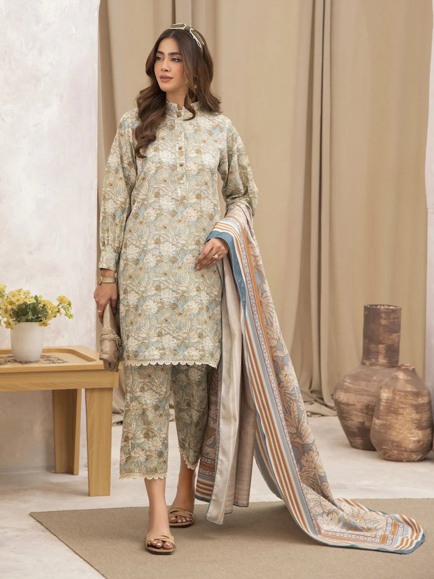 Ally's "Forbidden Flowers" Khaddar 3-Piece Suit - Olive & Blue