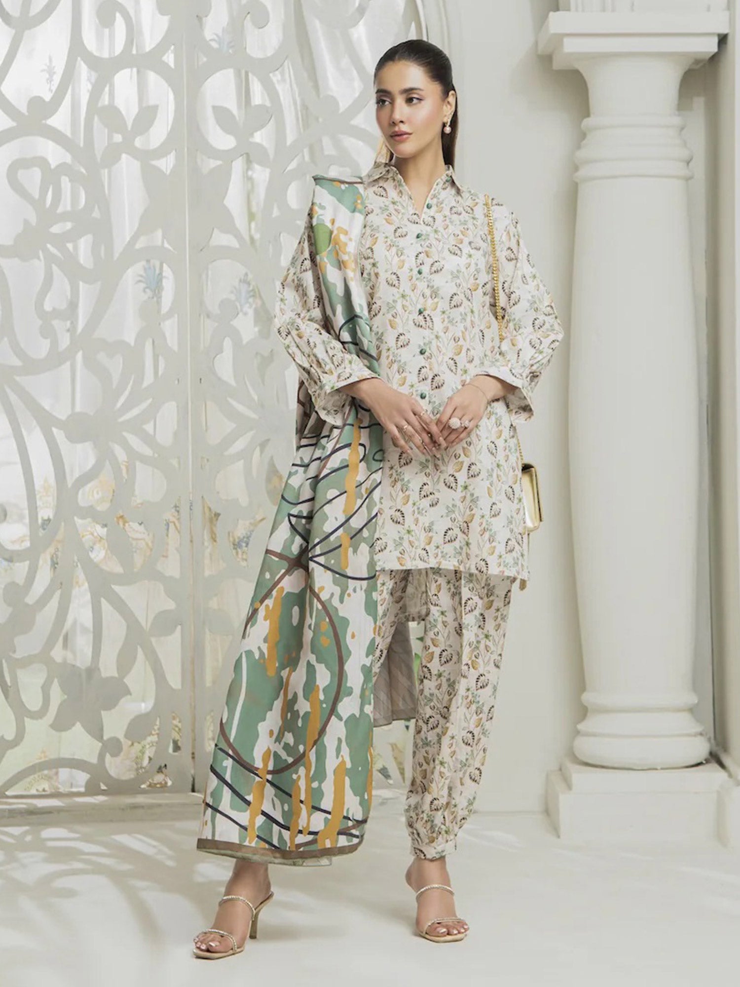Ally's "Forbidden Flowers" Khaddar 3-Piece Suit - Off-White