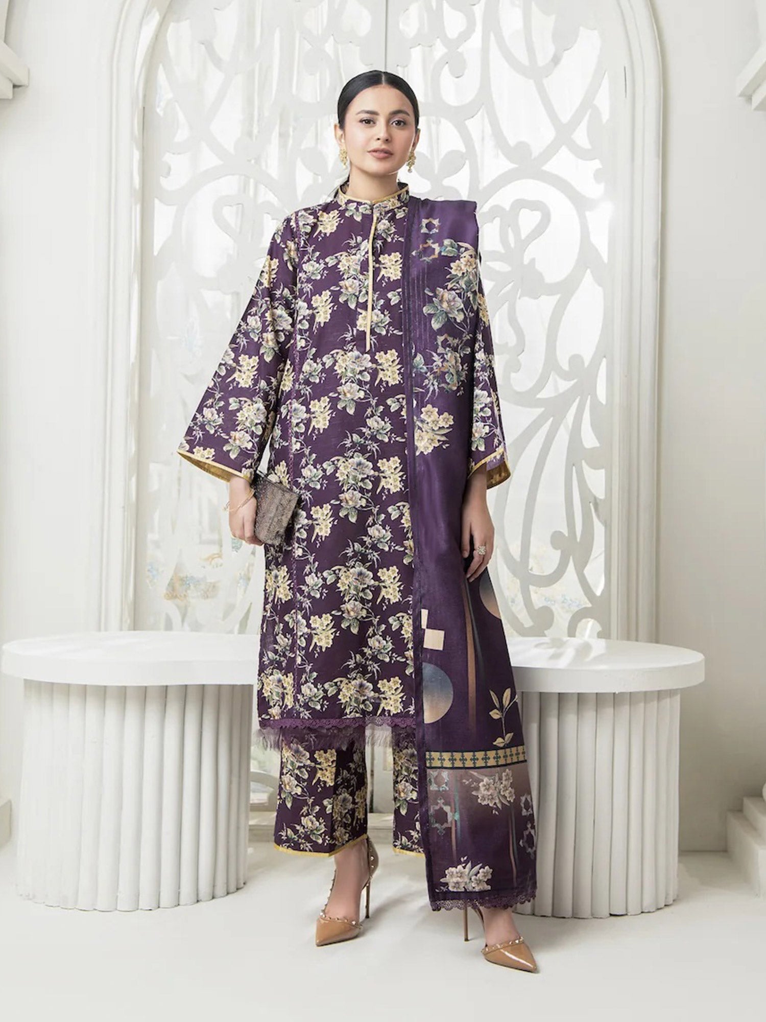 Ally's "Forbidden Flowers" Khaddar 3-Piece Suit - Purple