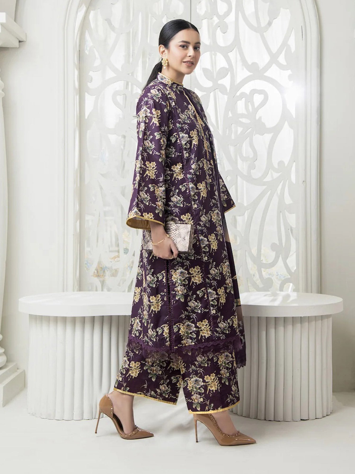 Ally's "Forbidden Flowers" Khaddar 3-Piece Suit - Purple