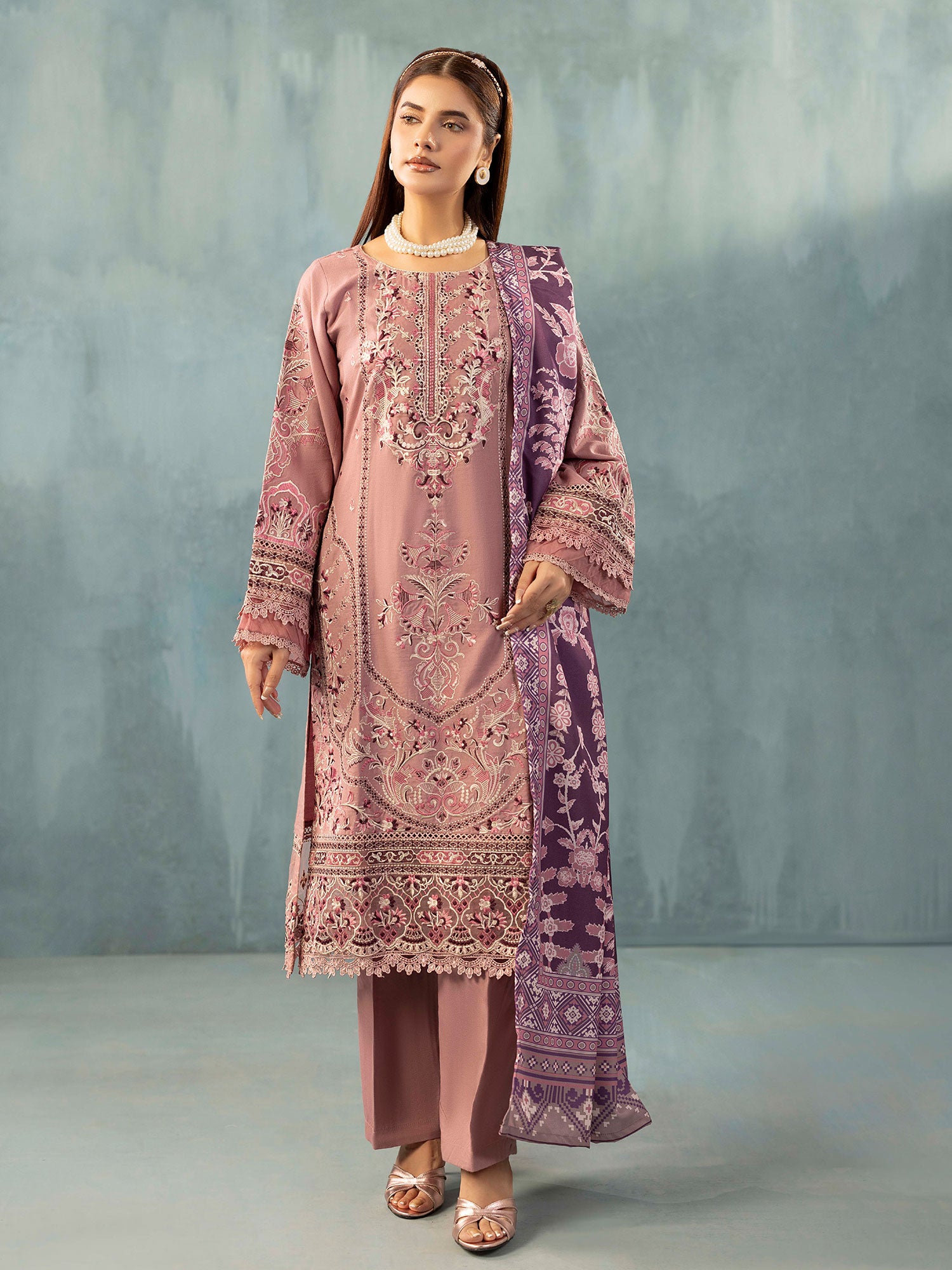 Adan's Libas Embroidered Dhanak Suit with Wool Shawl - Mauve