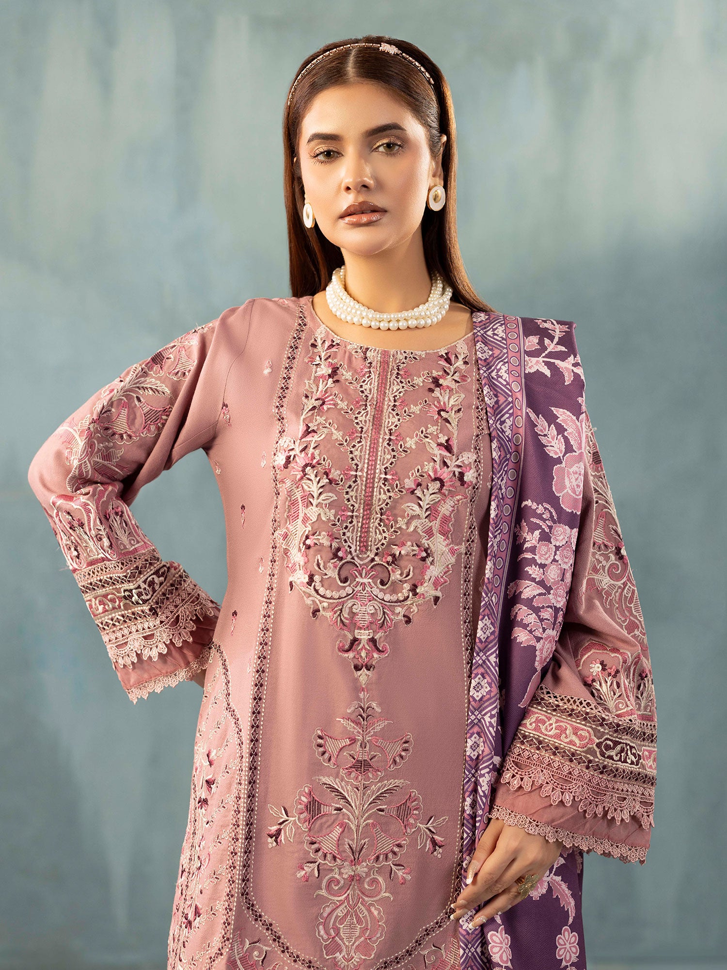 Adan's Libas Embroidered Dhanak Suit with Wool Shawl - Mauve