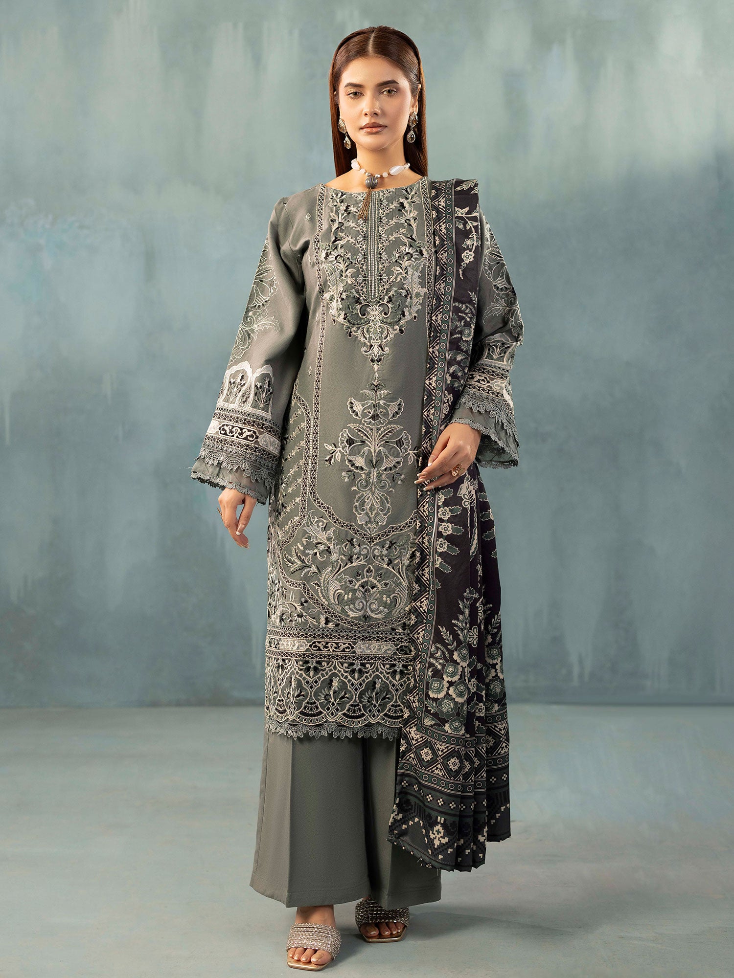 Adan's Libas Embroidered Dhanak Suit with Wool Shawl - Green-Grey