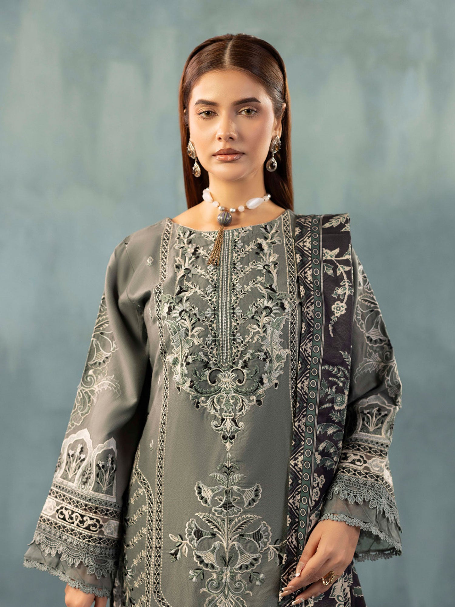 Adan's Libas Embroidered Dhanak Suit with Wool Shawl - Green-Grey