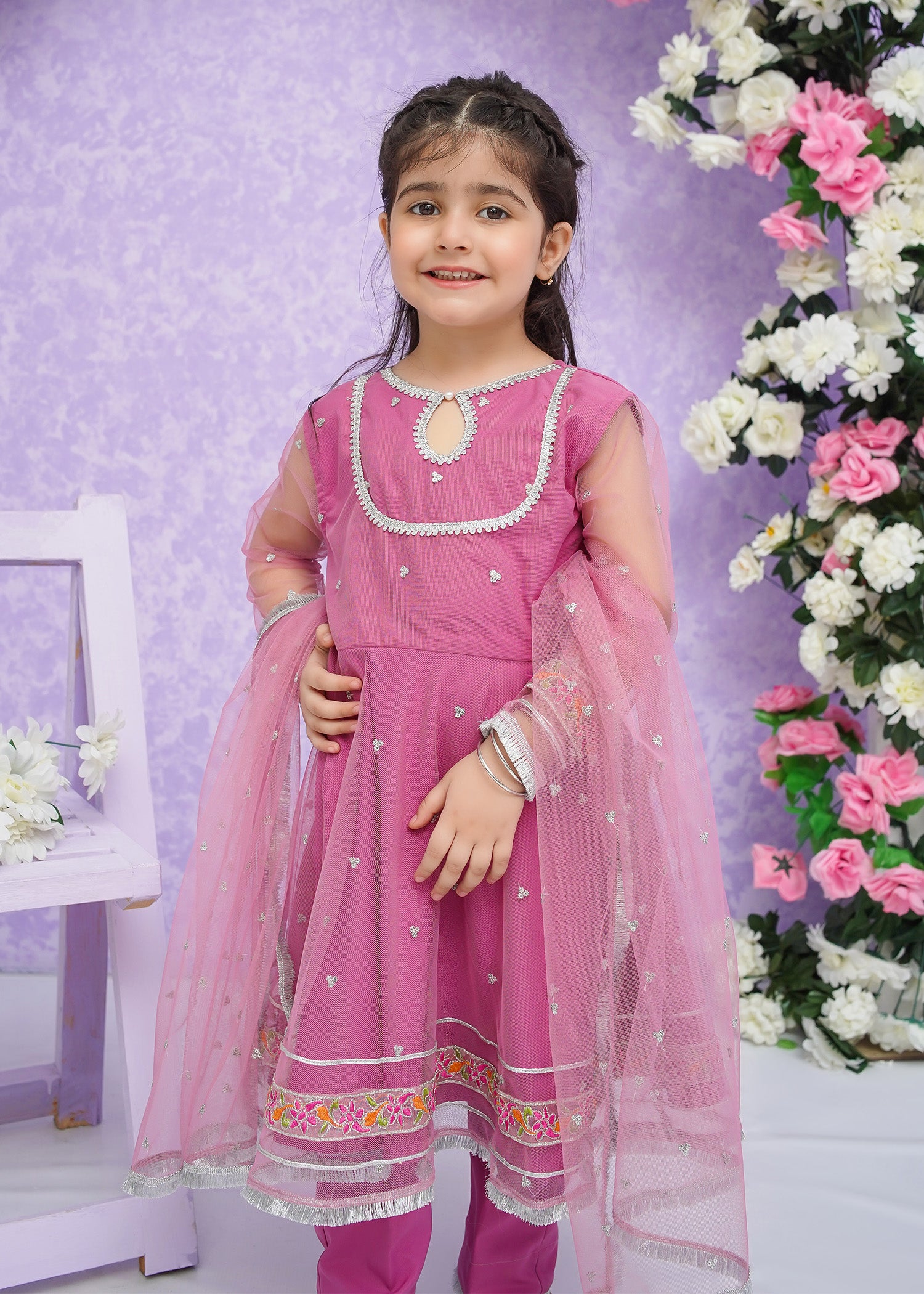Kids Pink Embroidered Net Frock Suit