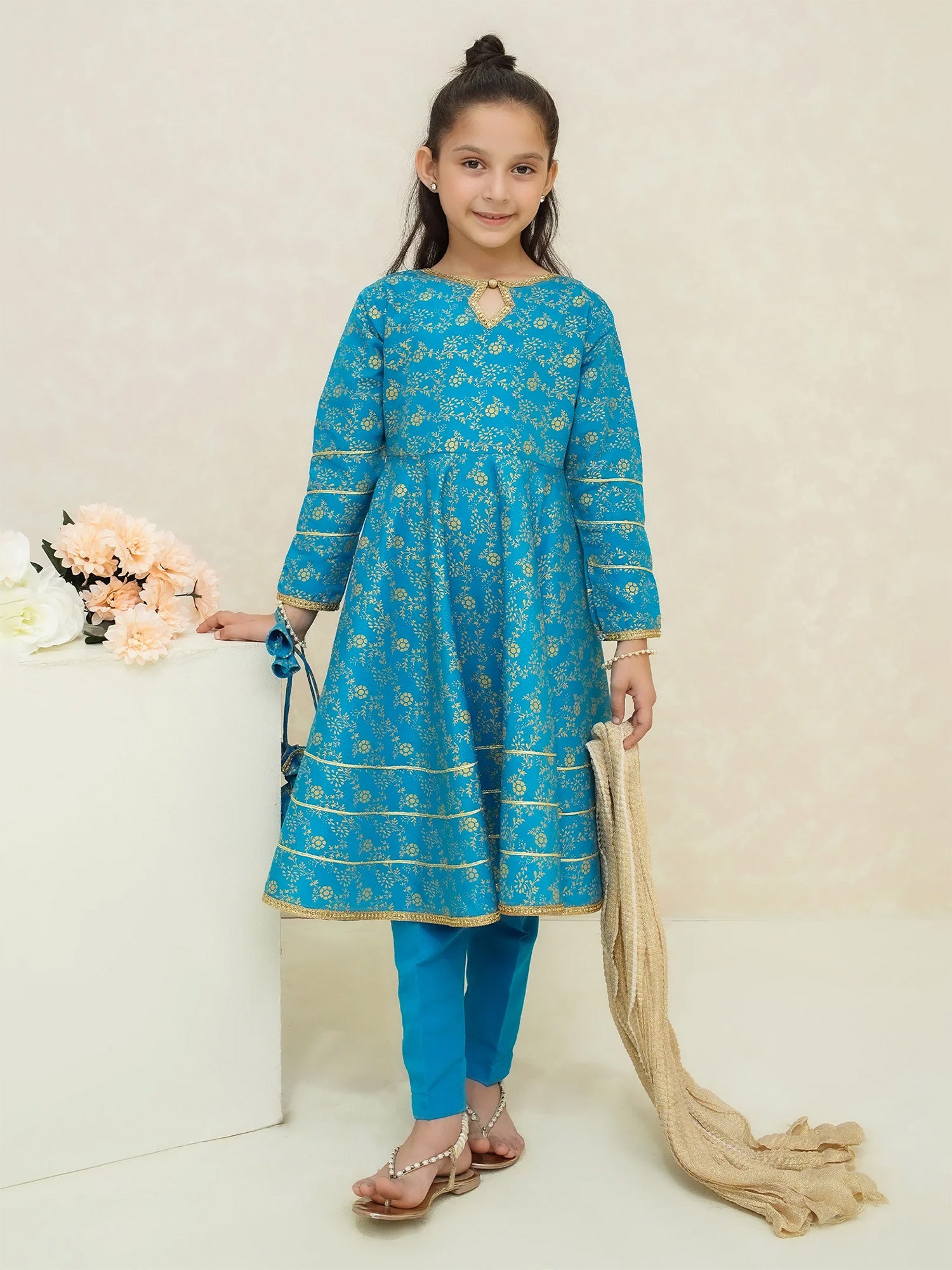 Kids Blue Rawsilk Frock Style 3-Piece Suit